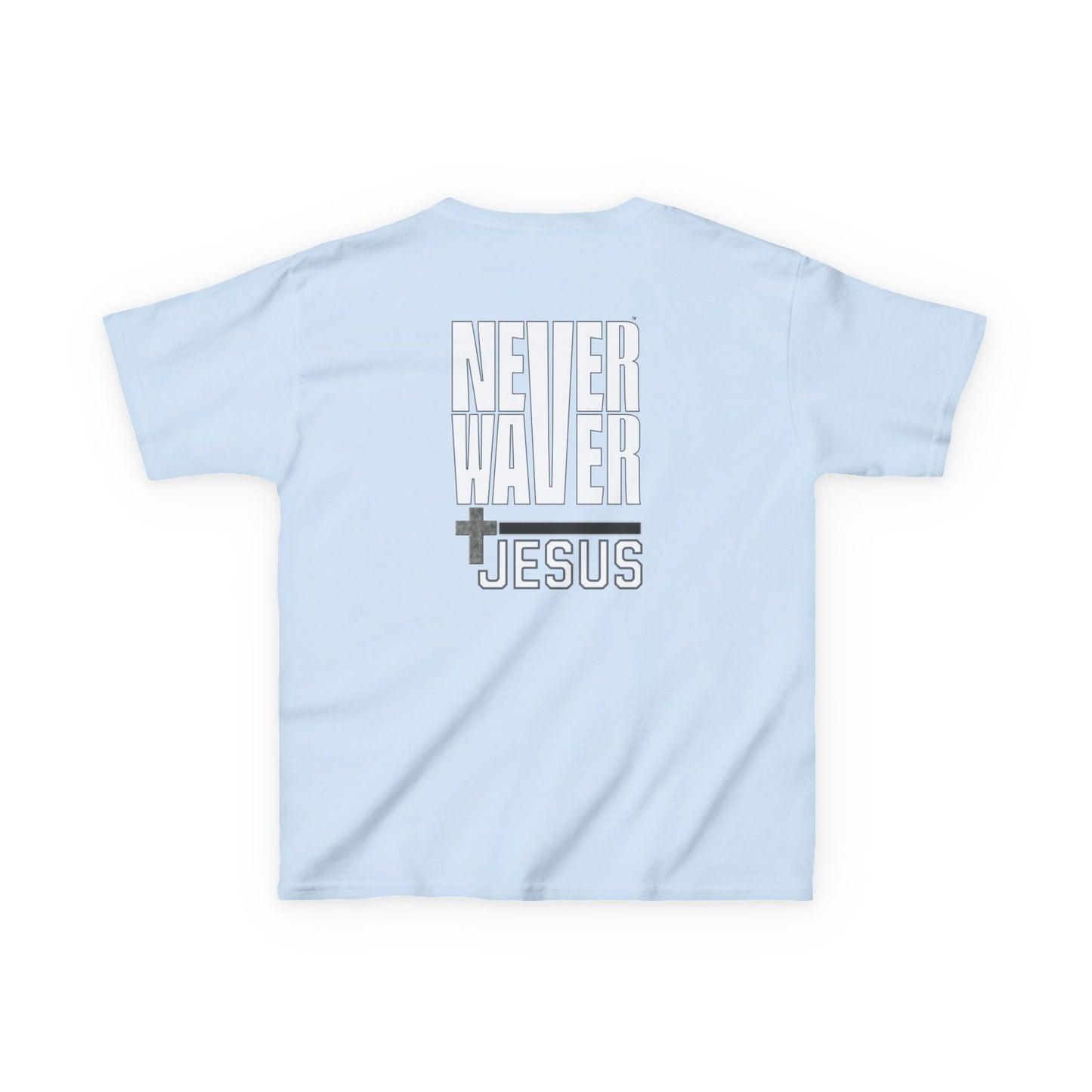 Kids Golf Tee -Never Waver” Jesus a bold, eye-catching design that reflects a steadfast faith and confidence in Christ. - Never Waver