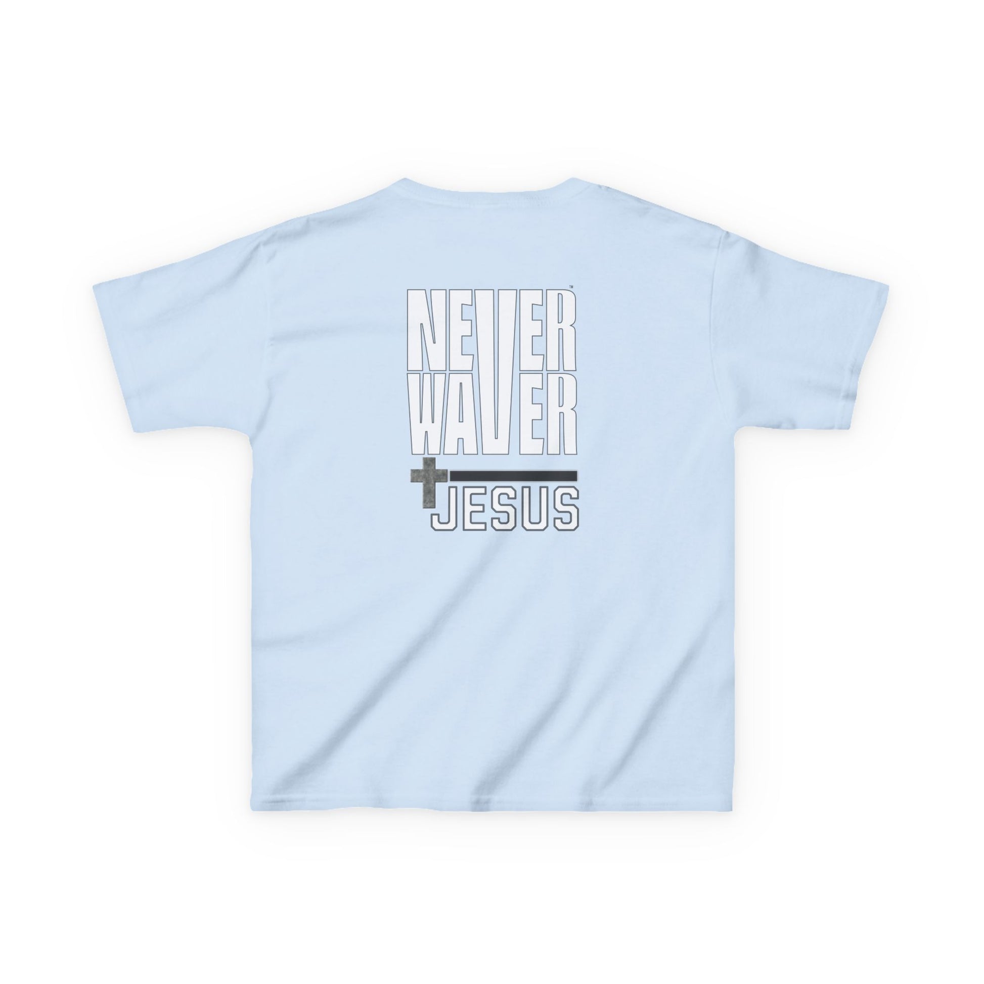 Kids Golf Tee -Never Waver” Jesus a bold, eye-catching design that reflects a steadfast faith and confidence in Christ. - Never Waver