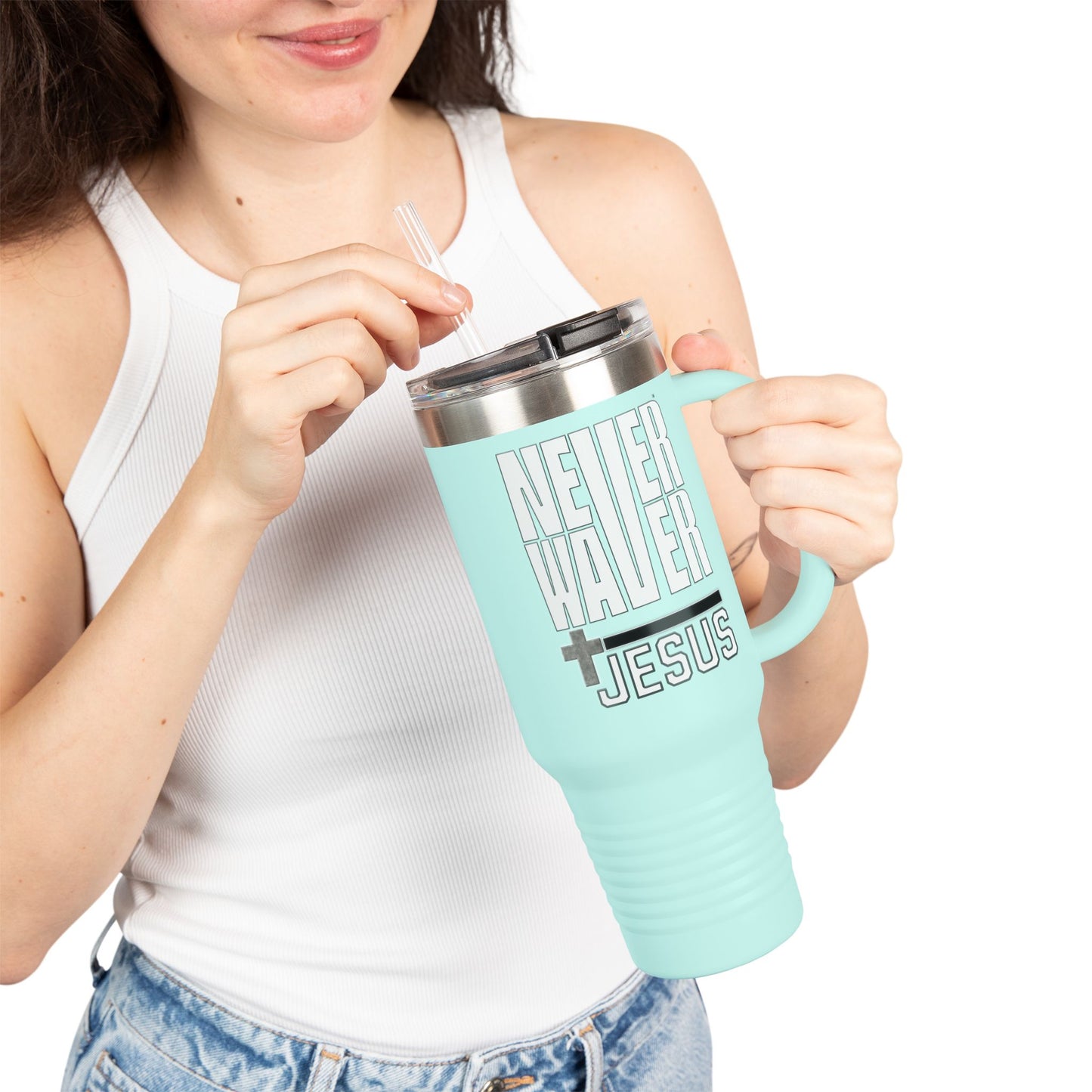 Insulated Travel Mug - "Never Waver” Jesus a bold, eye-catching design that reflects a steadfast faith and confidence in Christ. " - 40oz Sporty Drinkware - Never Waver