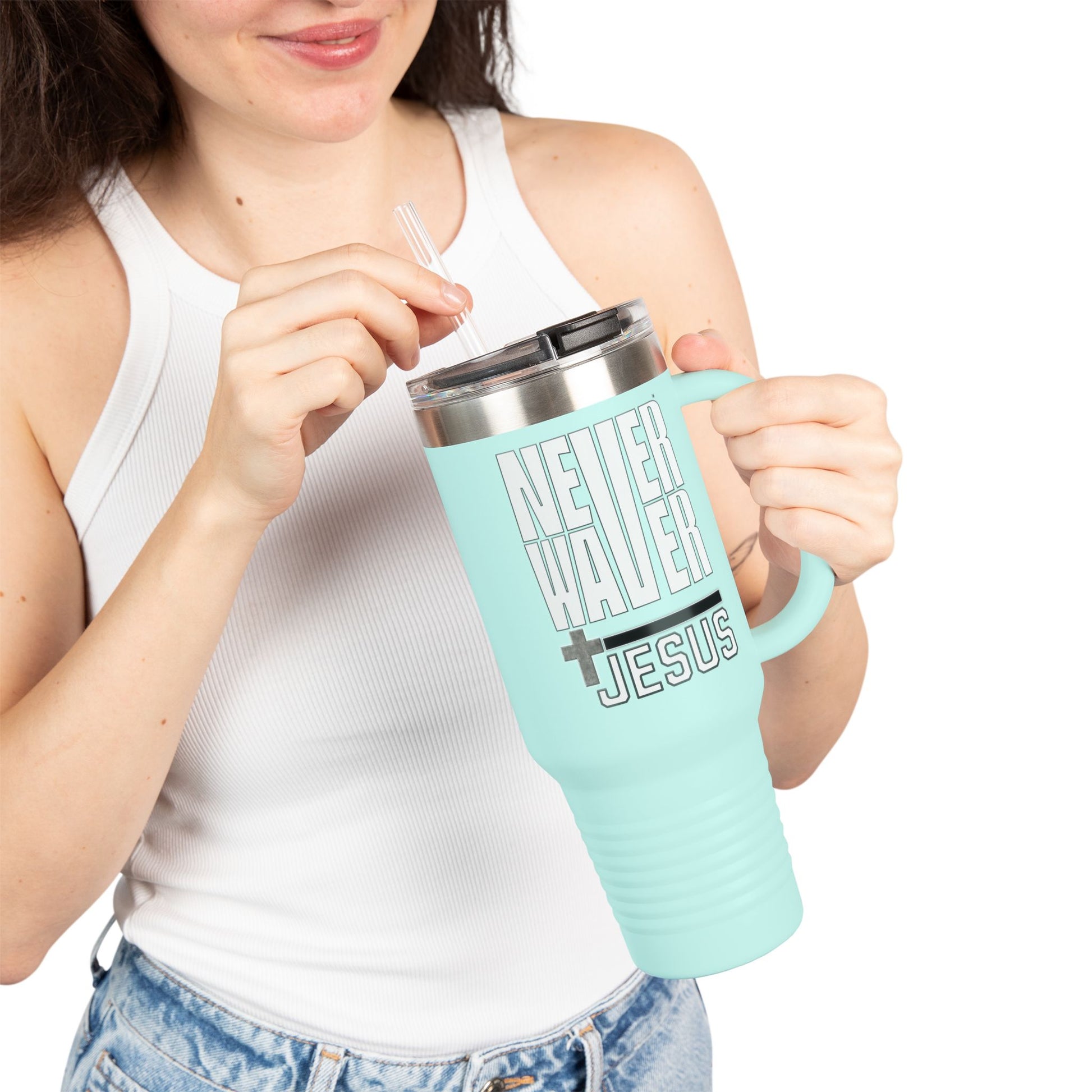 Insulated Travel Mug - "Never Waver” Jesus a bold, eye-catching design that reflects a steadfast faith and confidence in Christ. " - 40oz Sporty Drinkware - Never Waver