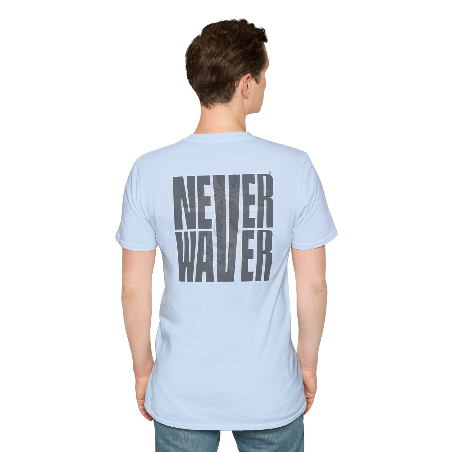 Never Waver” Jesus a bold, eye-catching design that reflects a steadfast faith and confidence in Christ. Unisex Soft style T-Shirt - Never Waver