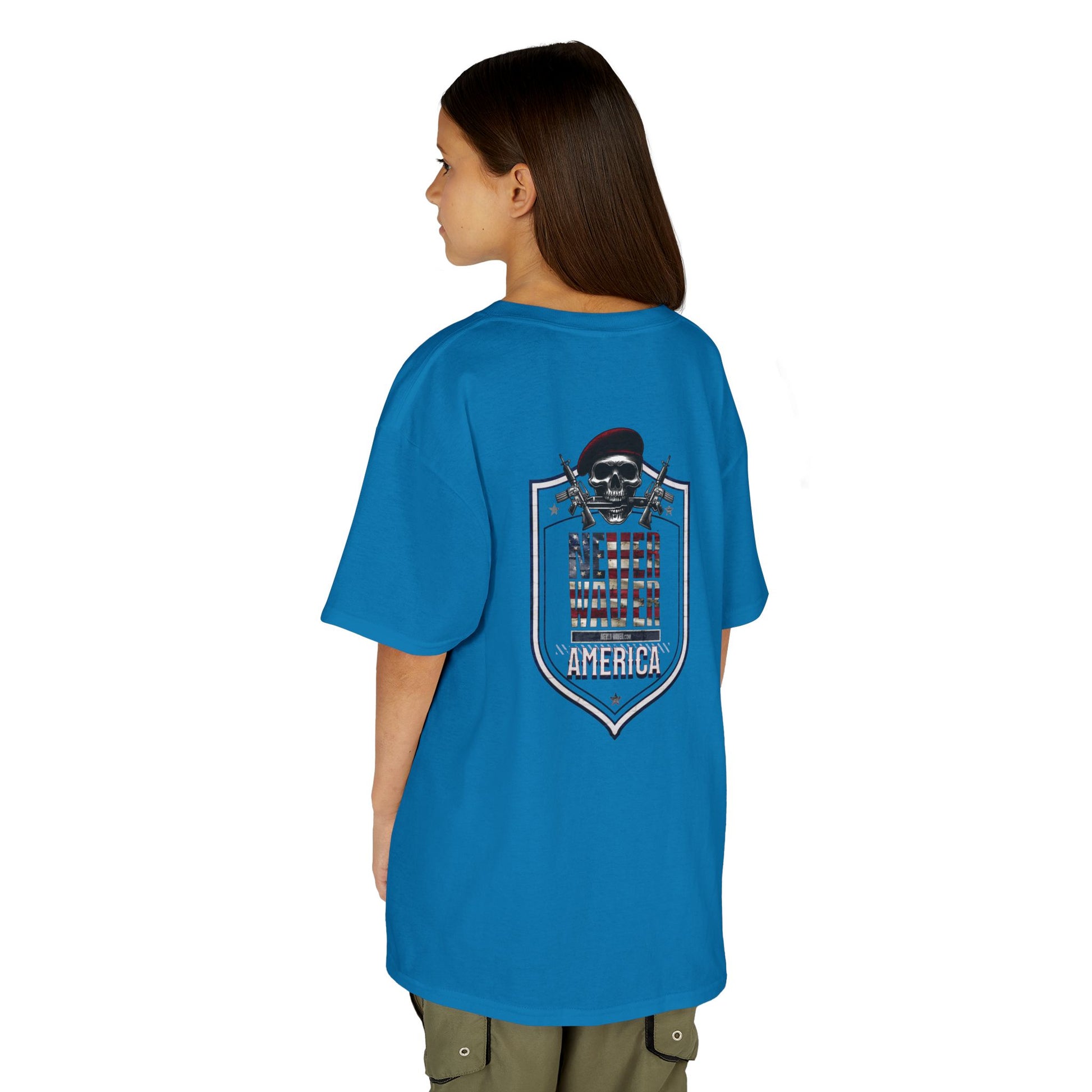 Patriotic Kids Heavy Cotton Tee - 'America Never Waver' USA Graphic Tee - Never Waver
