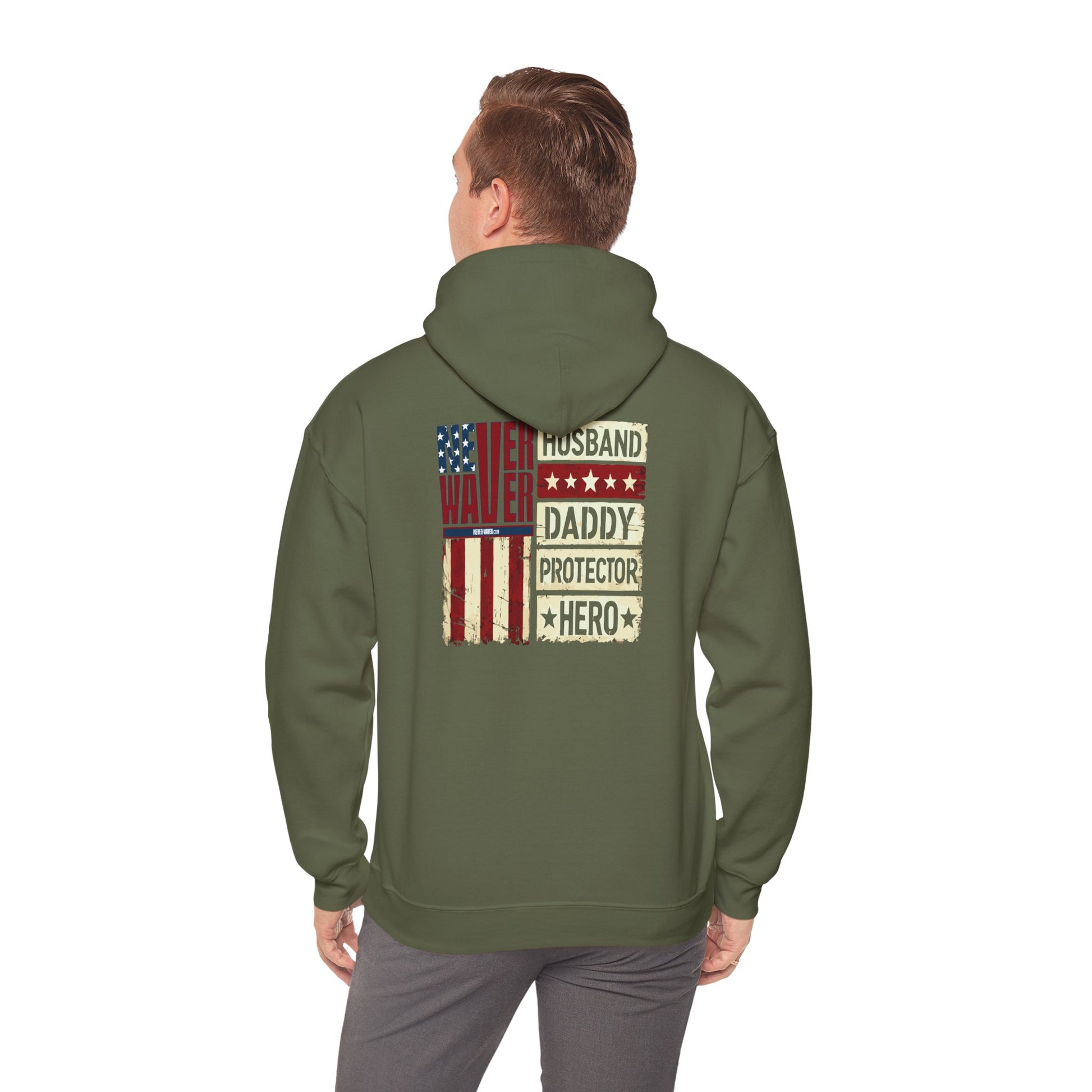 Never Waver Husband Daddy Protector Hero Unisex Heavy Blend™ Hooded Sweatshirt - Cozy, Motivational Apparel for Everyday Wear - Never Waver