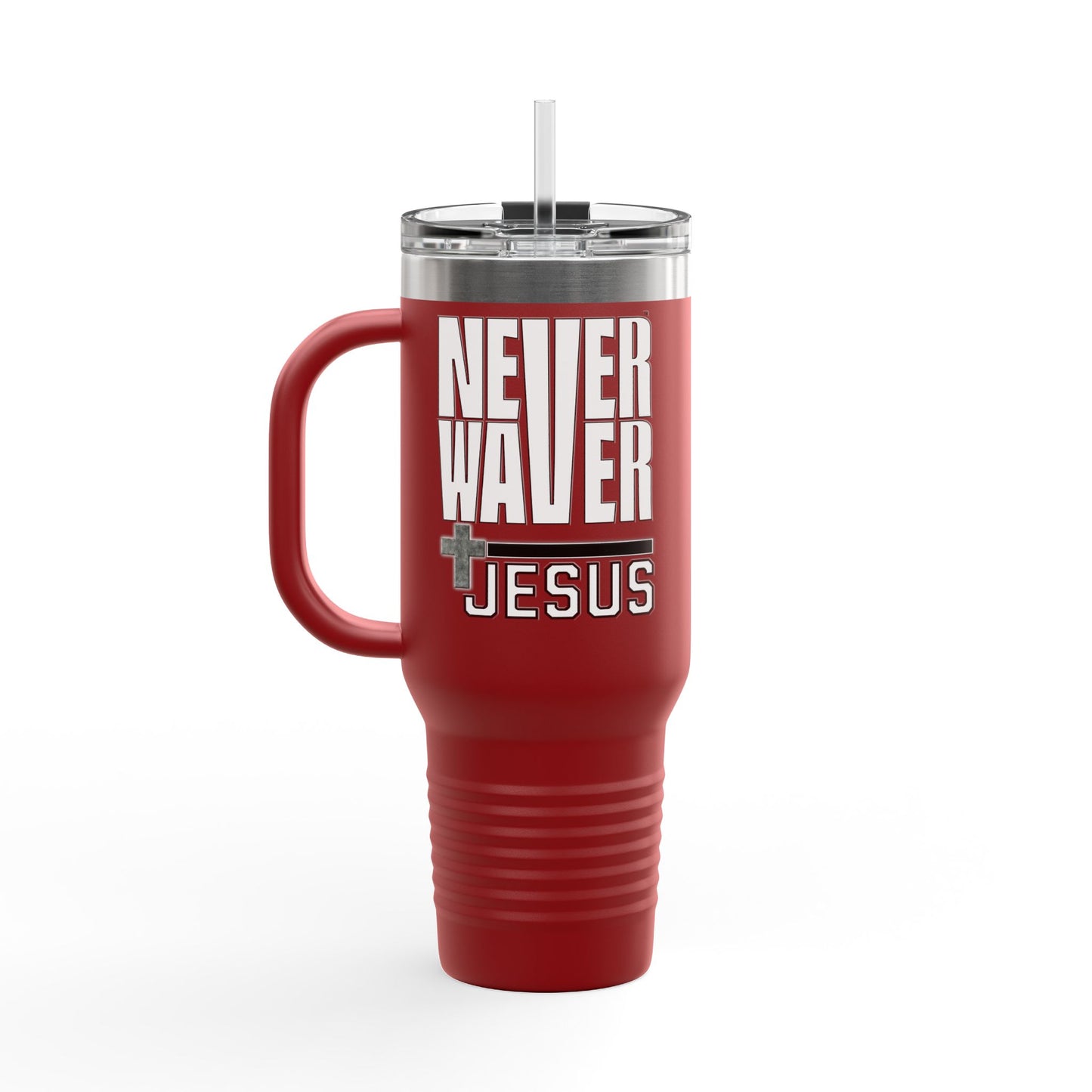 Insulated Travel Mug - "Never Waver” Jesus a bold, eye-catching design that reflects a steadfast faith and confidence in Christ. " - 40oz Sporty Drinkware - Never Waver