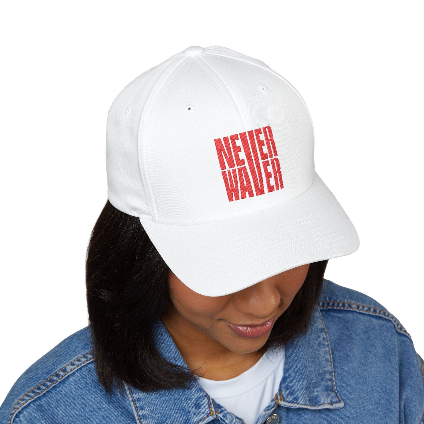 Stylish Embroidered Cap - "NEVER WAVER" Red Baseball Hat