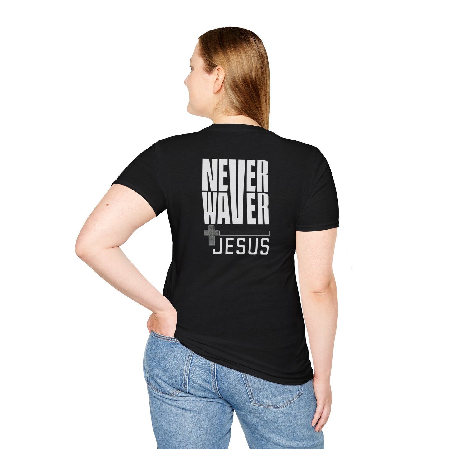 Never Waver” Jesus a bold, eye-catching design that reflects a steadfast faith and confidence in Christ.  Unisex Soft style T-Shirt