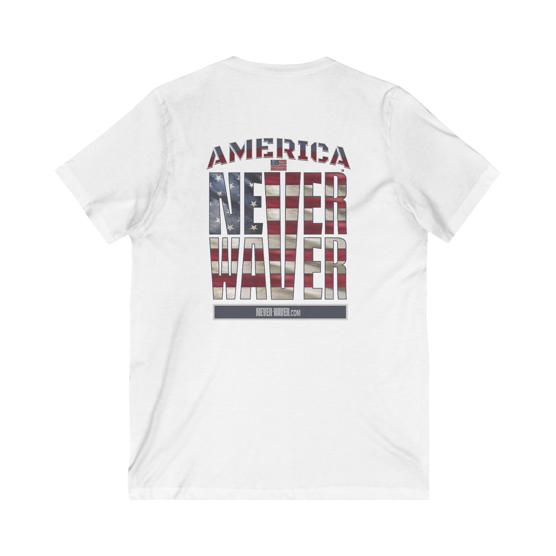 Unisex V-Neck Tee - 'America Never Wavers' Patriotic Shirt - Never Waver