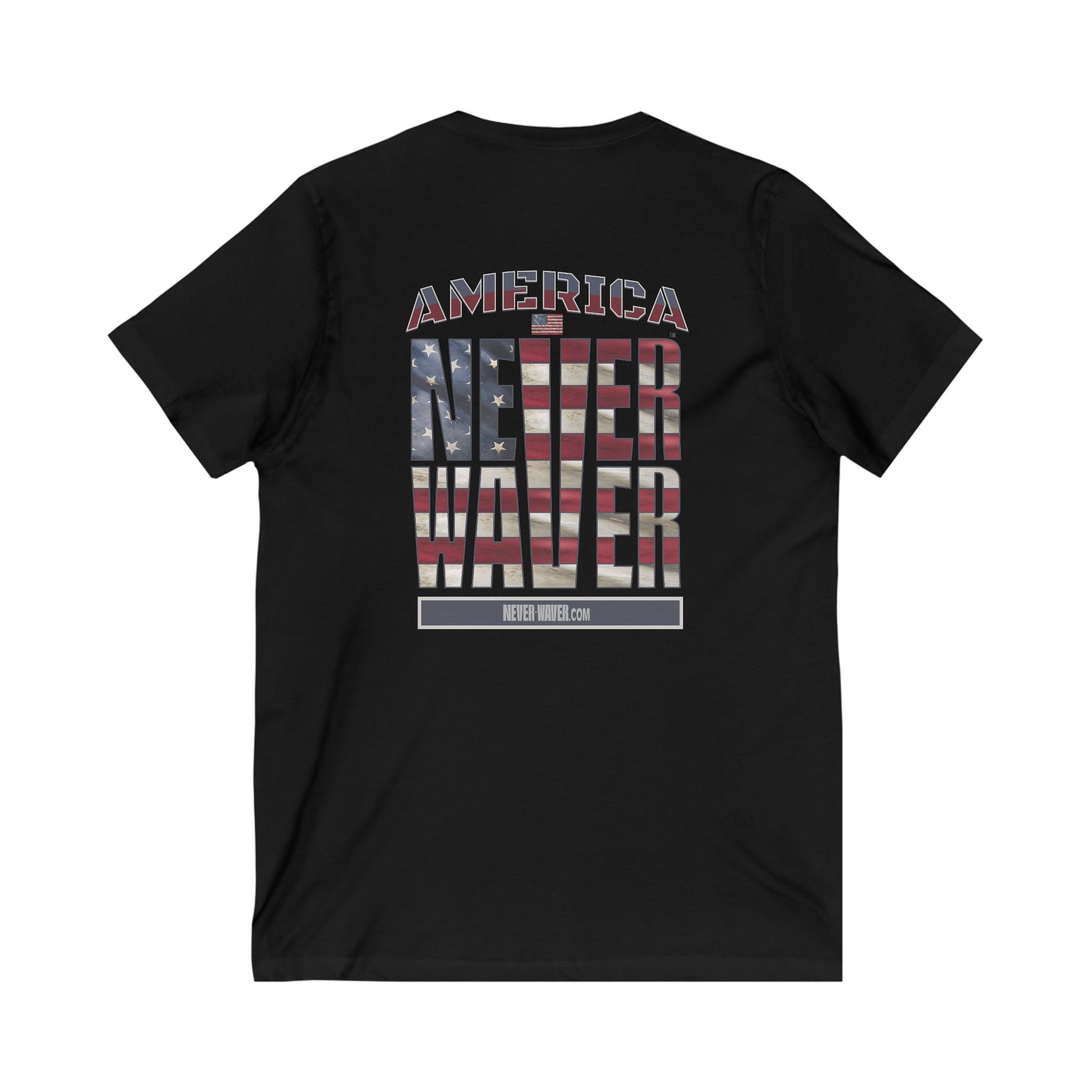 Unisex V-Neck Tee - 'America Never Wavers' Patriotic Shirt - Never Waver