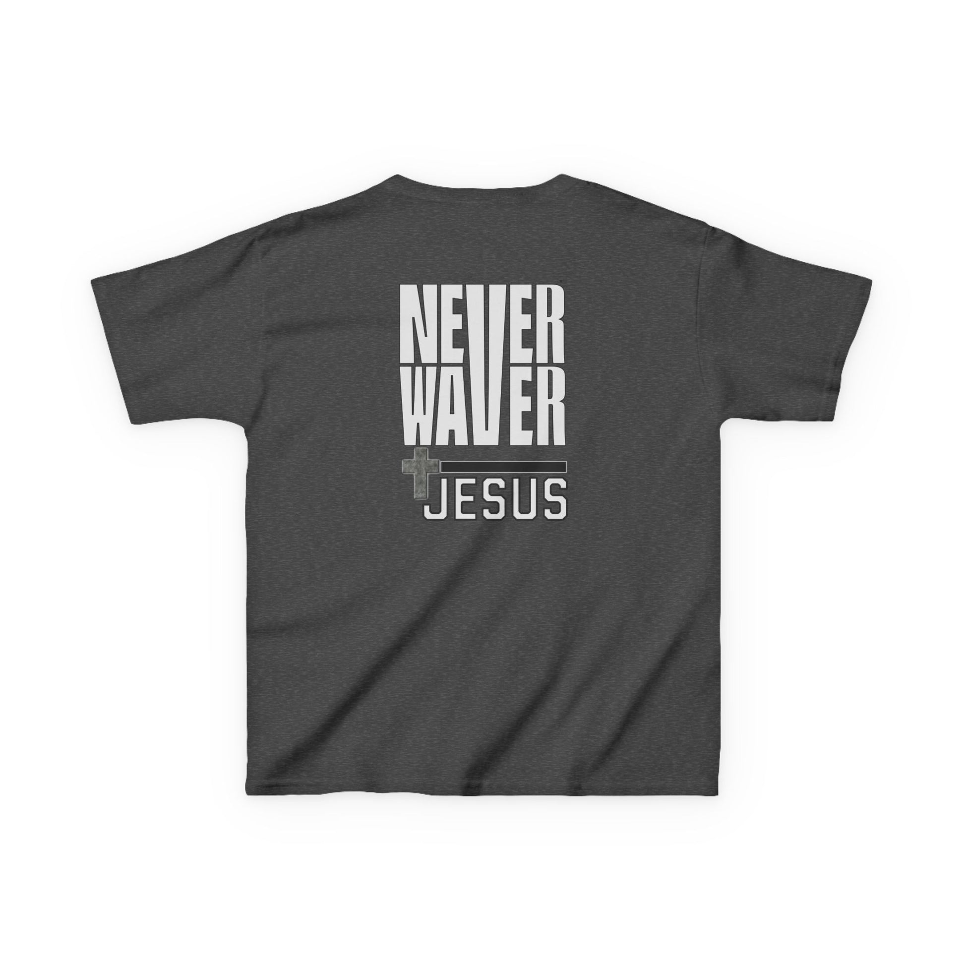 Kids Golf Tee -Never Waver” Jesus a bold, eye-catching design that reflects a steadfast faith and confidence in Christ. - Never Waver