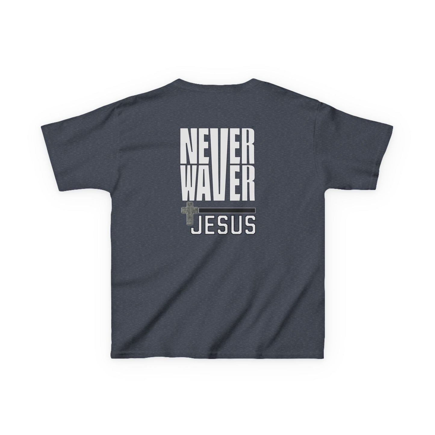 Kids Golf Tee -Never Waver” Jesus a bold, eye-catching design that reflects a steadfast faith and confidence in Christ. - Never Waver