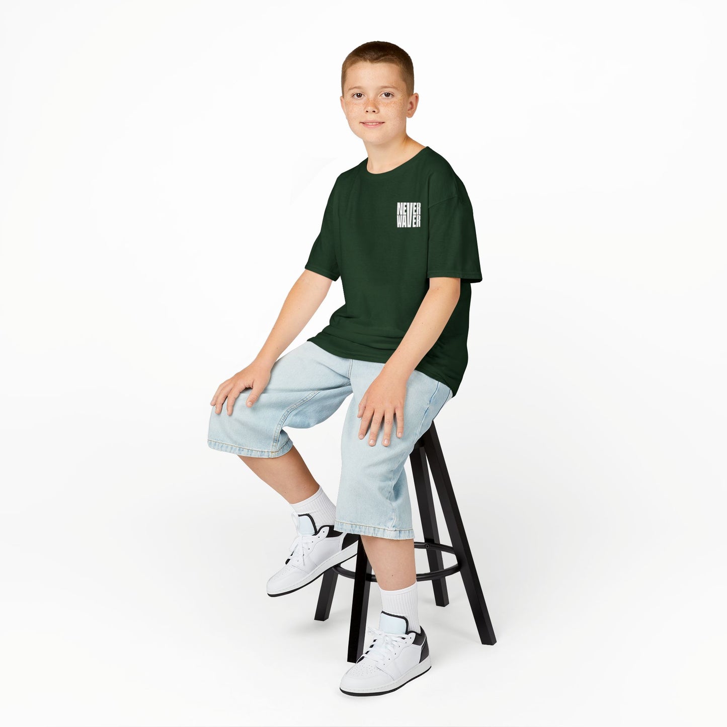 Kids Golf Tee -Never Waver” Jesus a bold, eye-catching design that reflects a steadfast faith and confidence in Christ. - Never Waver