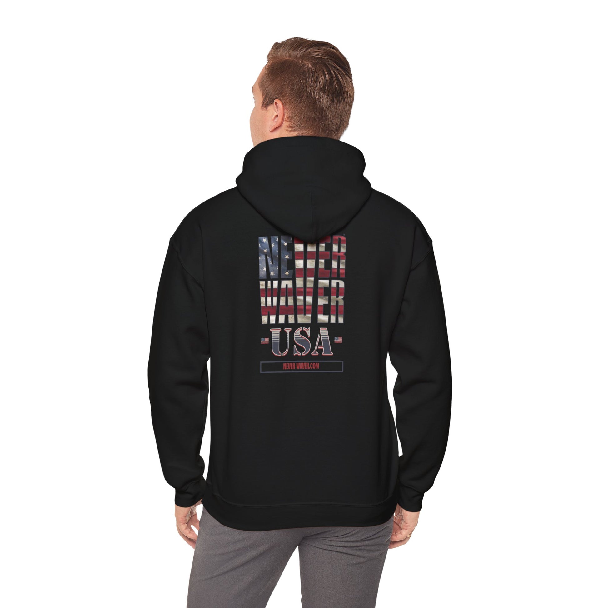 Unisex Heavy Blend™ Hooded Sweatshirt - 'Never Waver' USA Flag Design - Never Waver