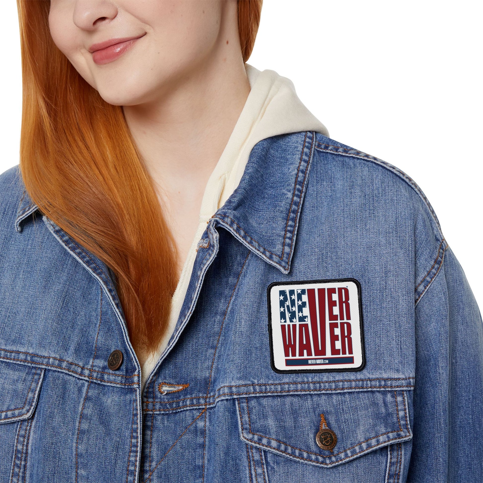 Patriotic Iron-On Patch - 'Never Waver' USA Flag Design for Jackets, Bags, and More - Never Waver