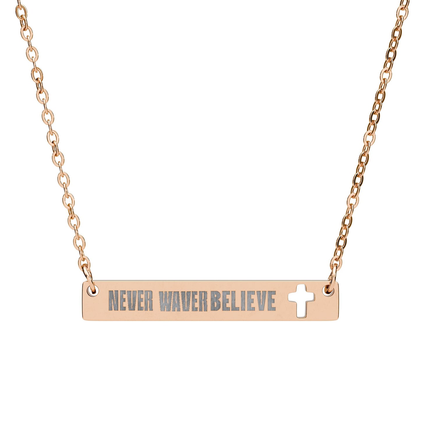 Cutout Cross Bar Necklace — "Never Waver, Believe" Engraved Christian Pendant