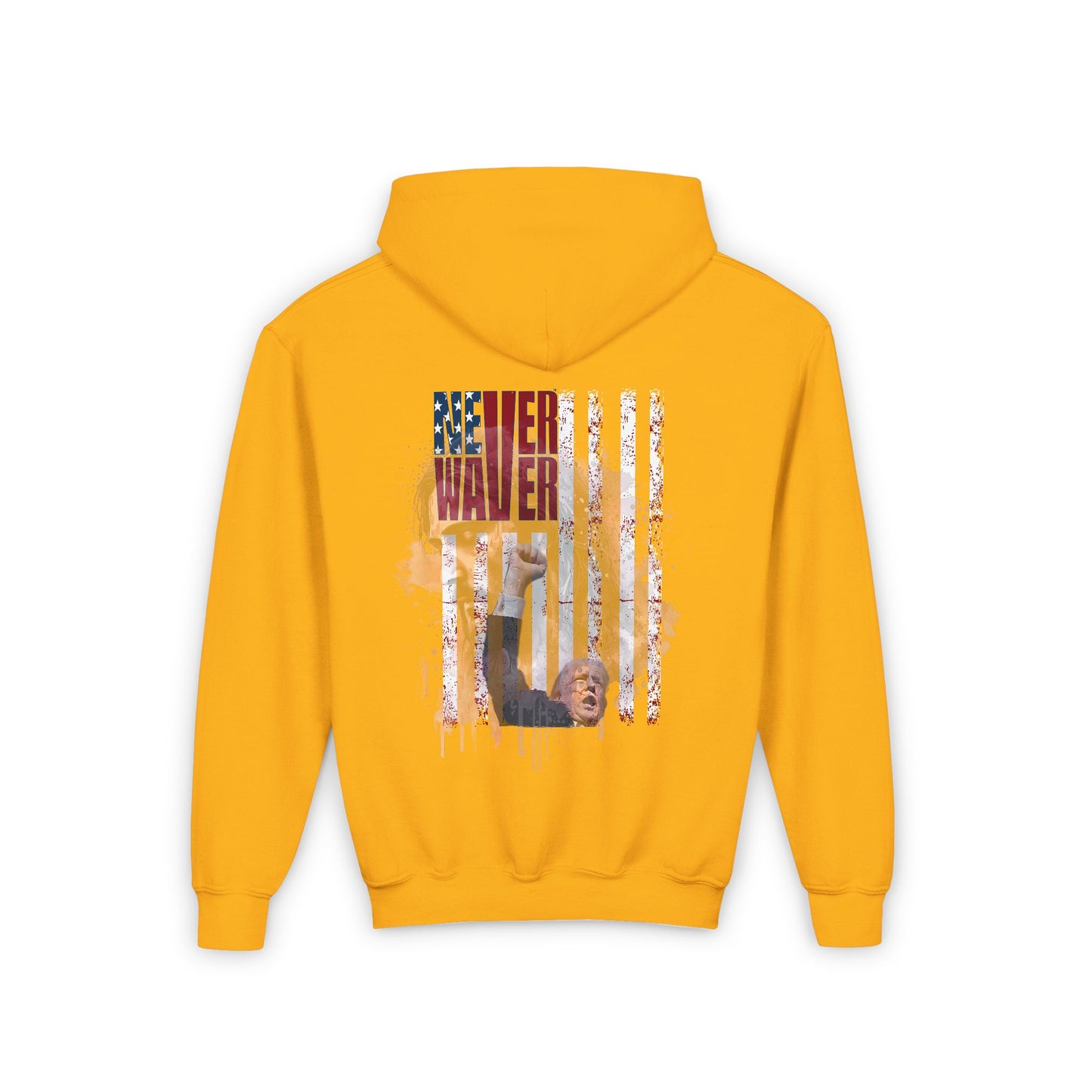 Never Waver Trump Fist Pump W Jesus Protection Vintage-Inspired Youth Hoodie with American Flag Design - Never Waver