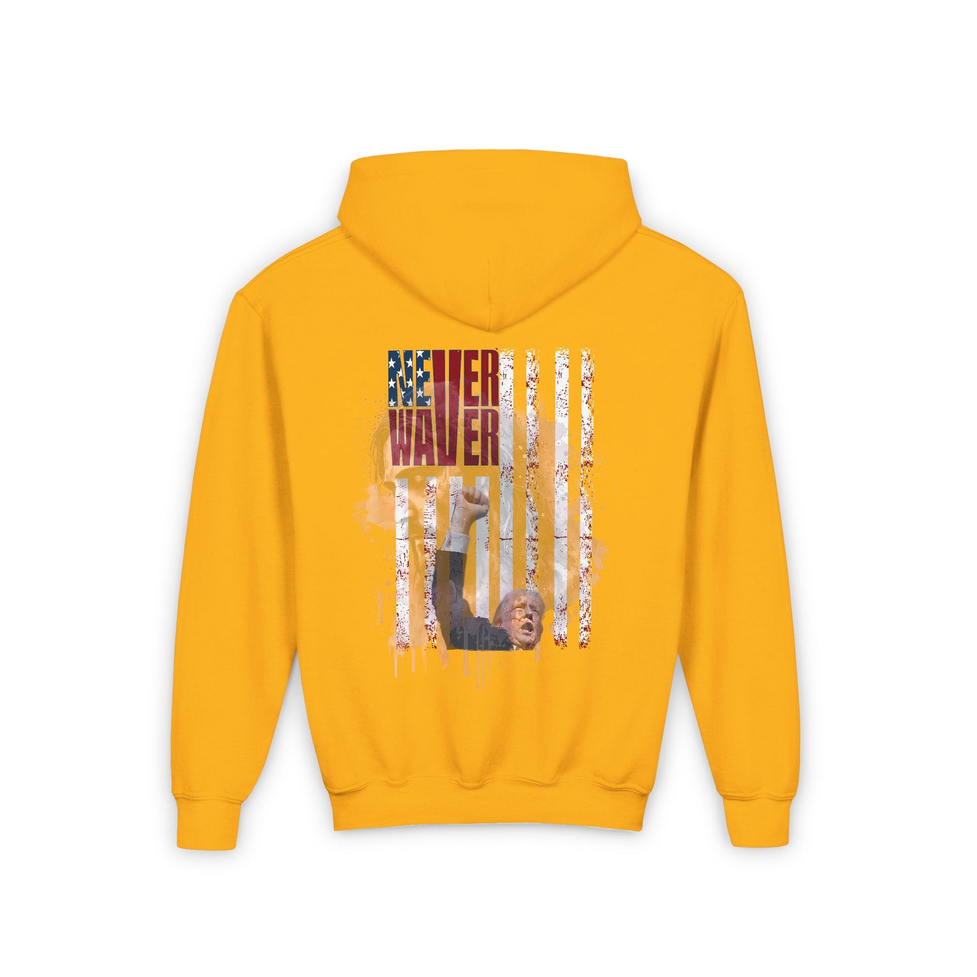 Never Waver Trump Fist Pump W Jesus Protection Vintage-Inspired Youth Hoodie with American Flag Design - Never Waver