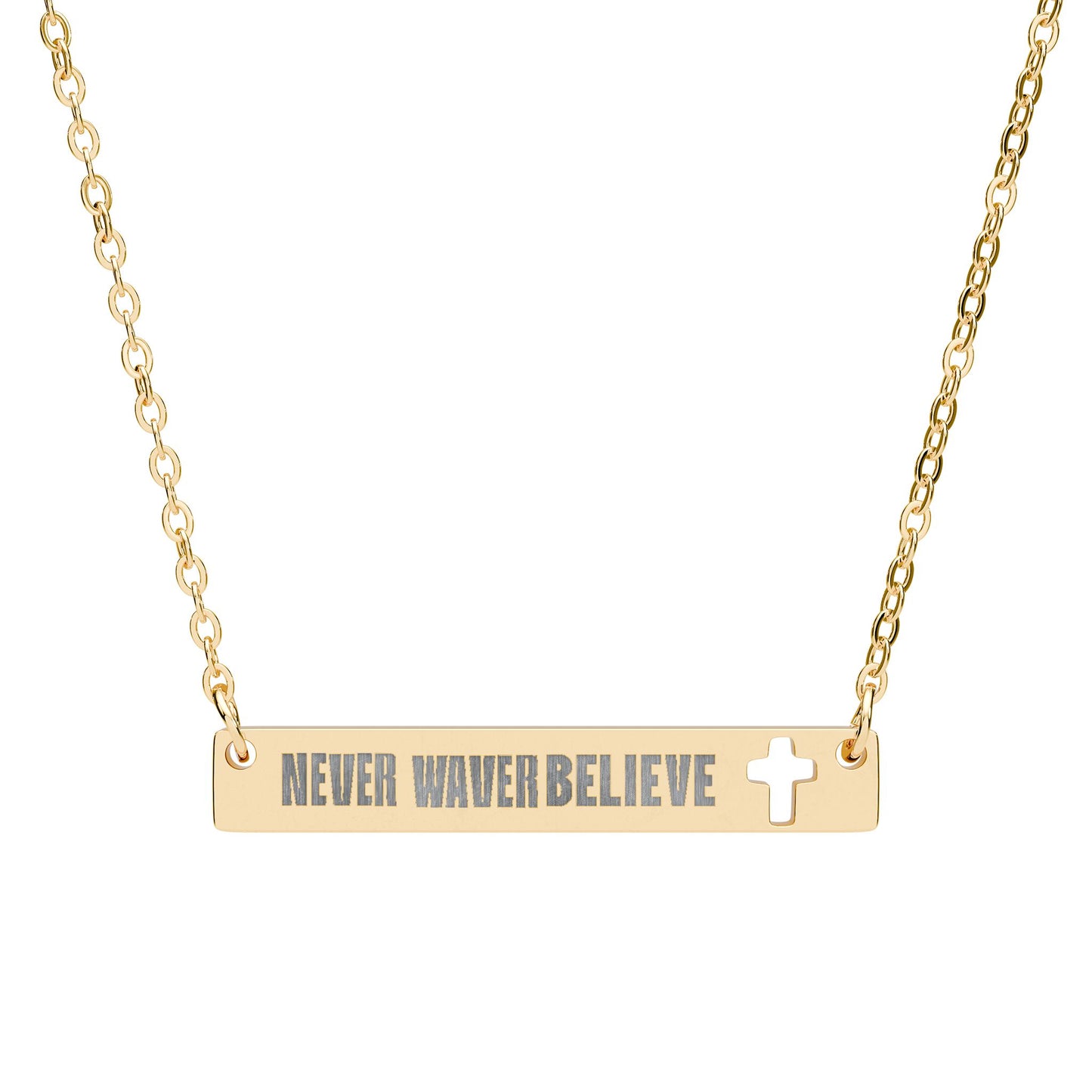 Cutout Cross Bar Necklace — "Never Waver, Believe" Engraved Christian Pendant
