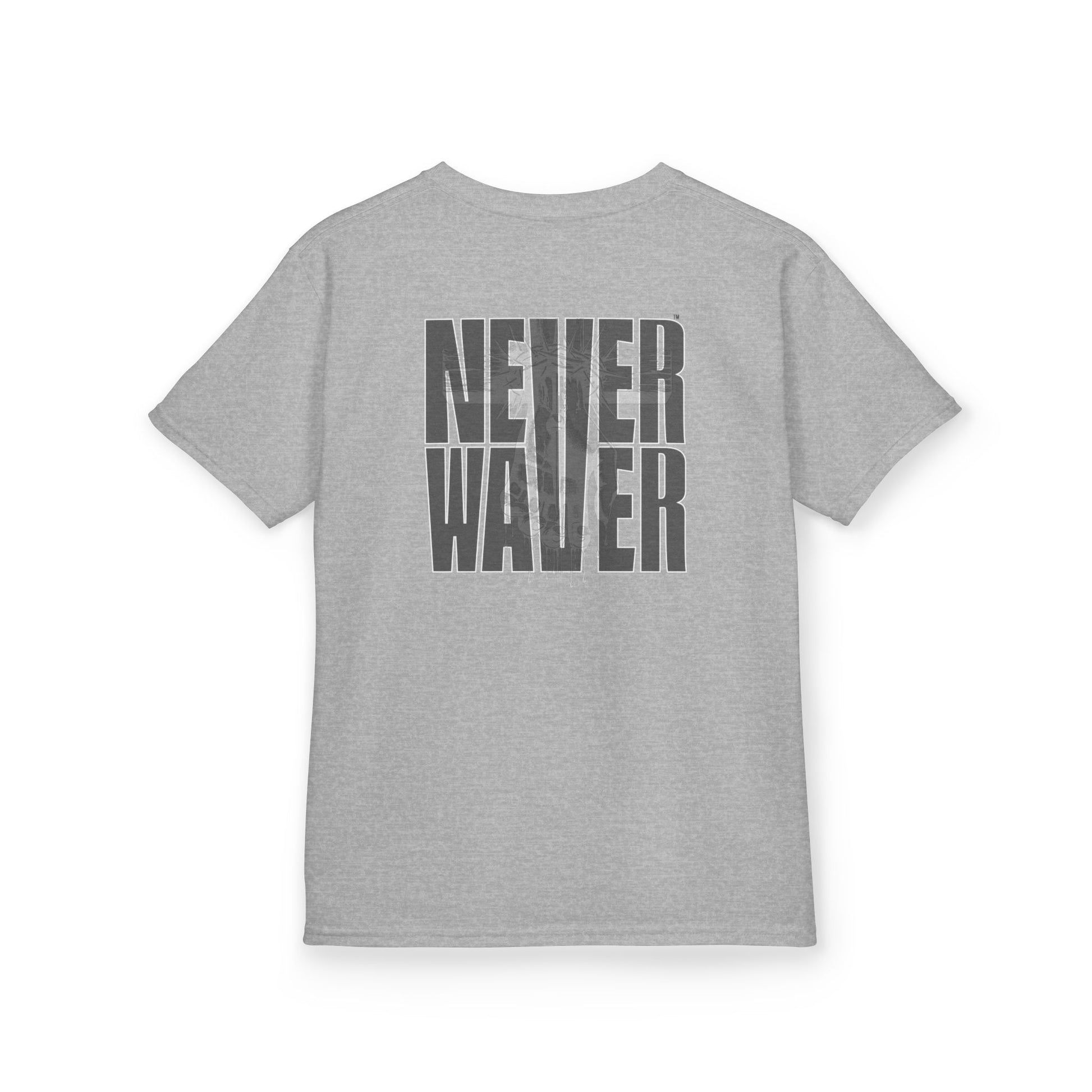 Kids Tee Never Waver” Jesus t-shirt might feature a bold, eye-catching design that reflects a steadfast faith and confidence in Christ.  - Never Waver