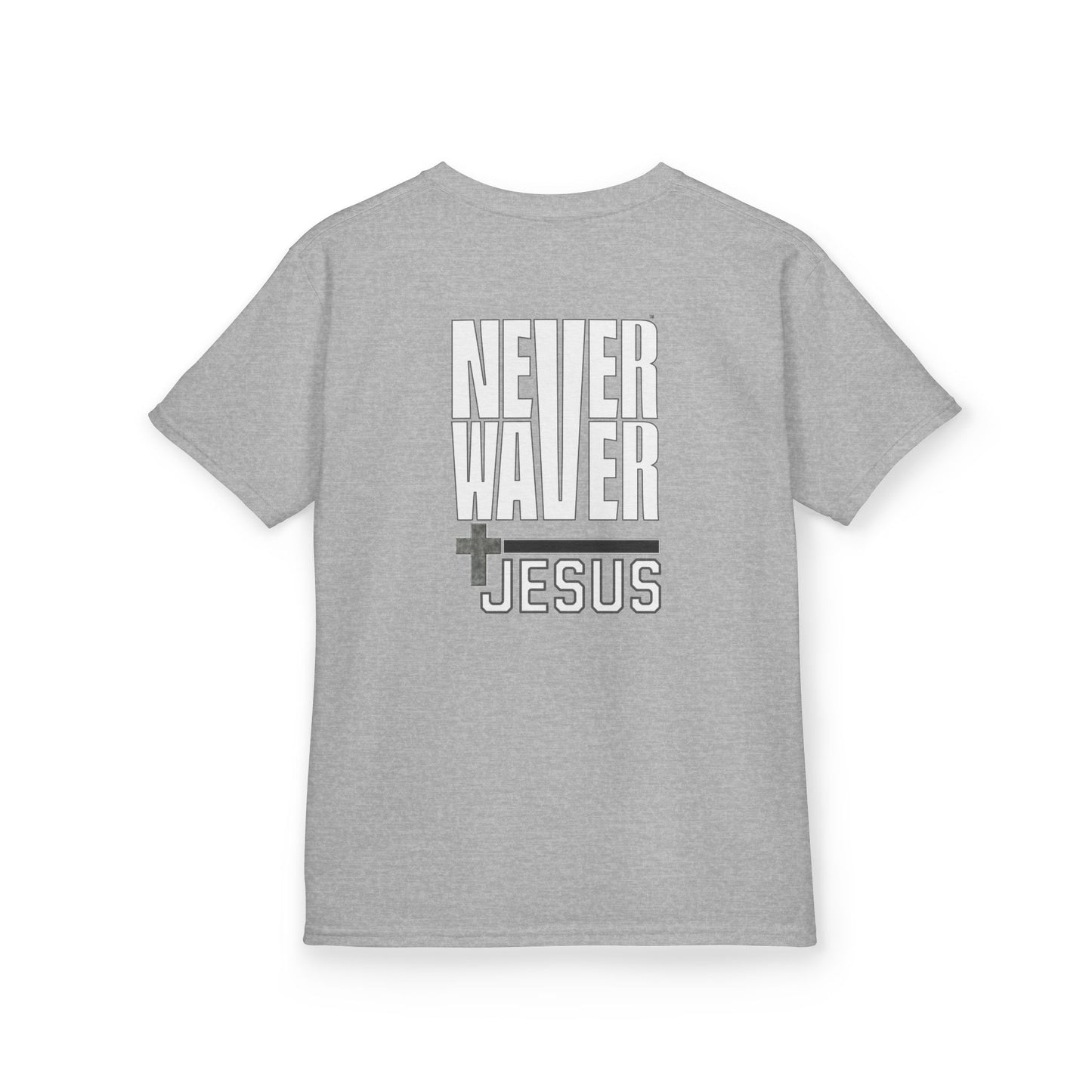 Kids Golf Tee -Never Waver” Jesus a bold, eye-catching design that reflects a steadfast faith and confidence in Christ. - Never Waver