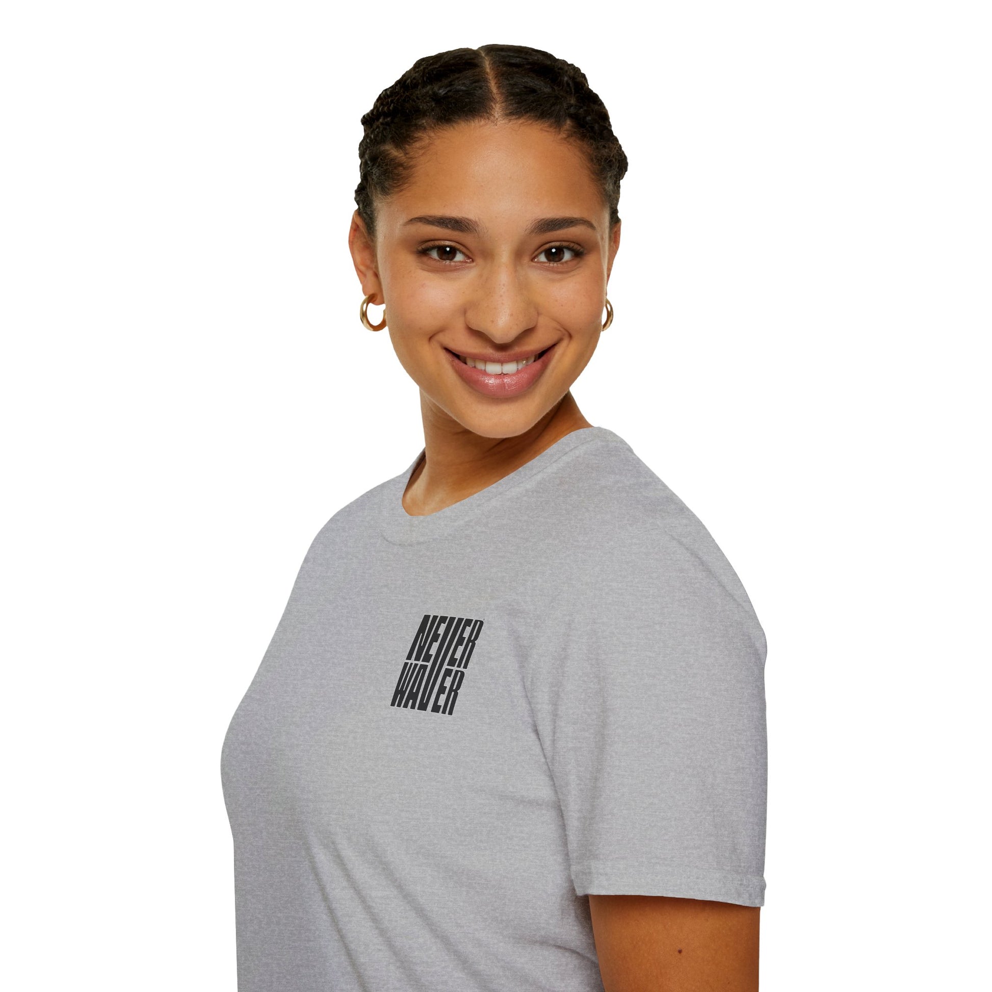 Never Waver” Jesus a bold, eye-catching design that reflects a steadfast faith and confidence in Christ. Unisex Soft style T-Shirt - Never Waver