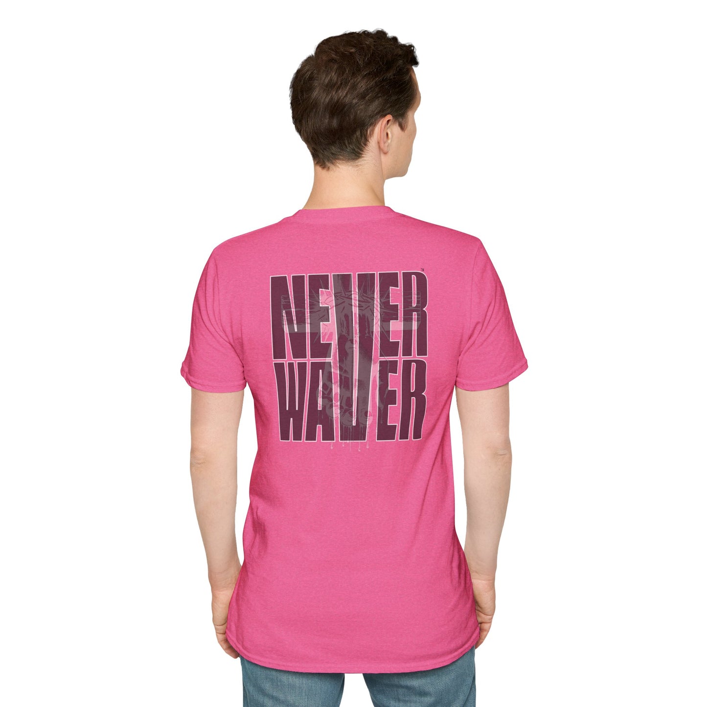 Never Waver” Jesus a bold, eye-catching design that reflects a steadfast faith and confidence in Christ. Unisex Soft style T-Shirt - Never Waver