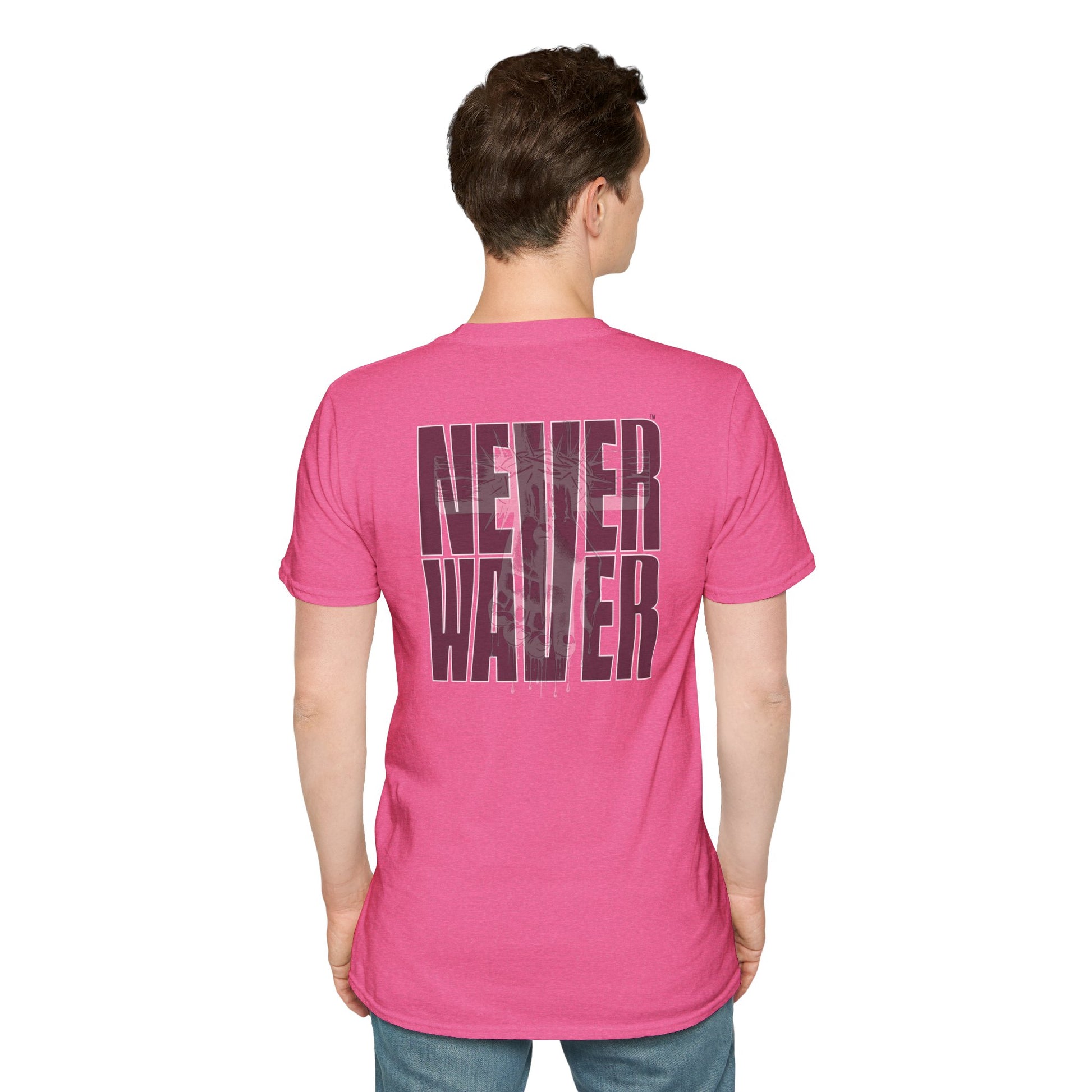 Never Waver” Jesus a bold, eye-catching design that reflects a steadfast faith and confidence in Christ. Unisex Soft style T-Shirt - Never Waver