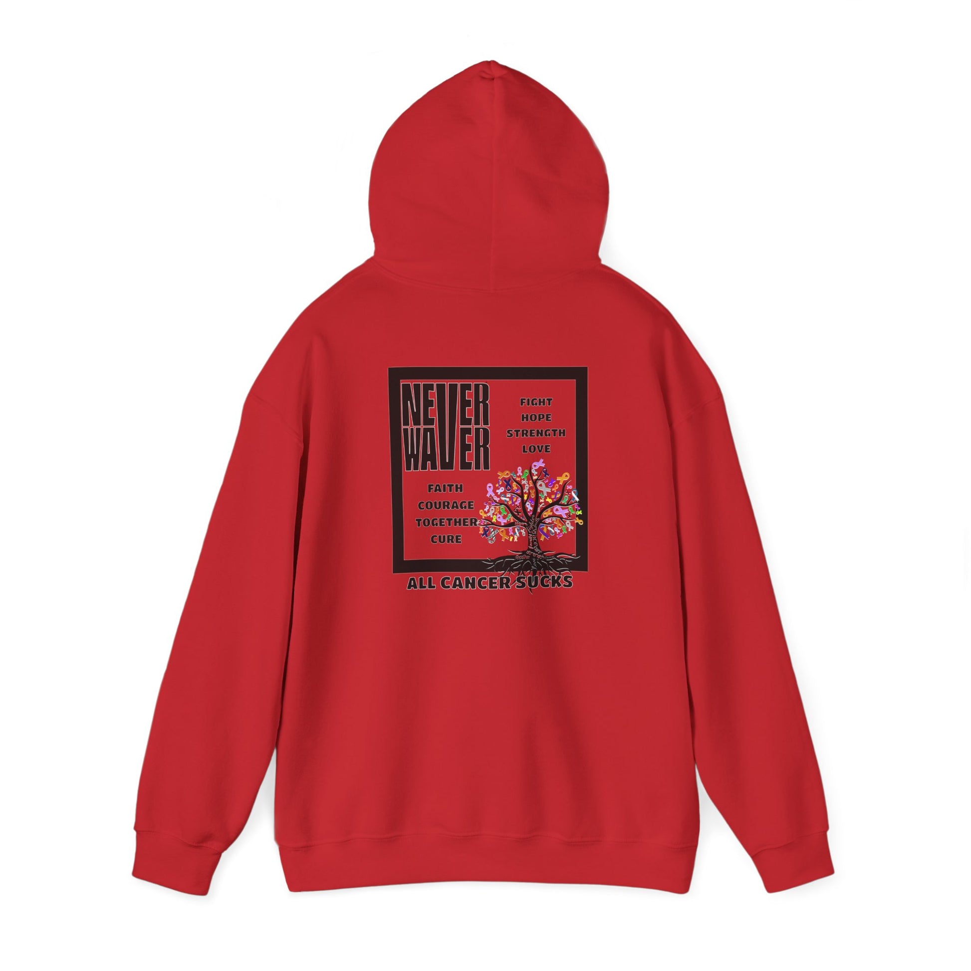 Cancer Awareness Hoodie - Never Waver - Fight, Hope, Strength, Love Tree of Ribbons - Never Waver