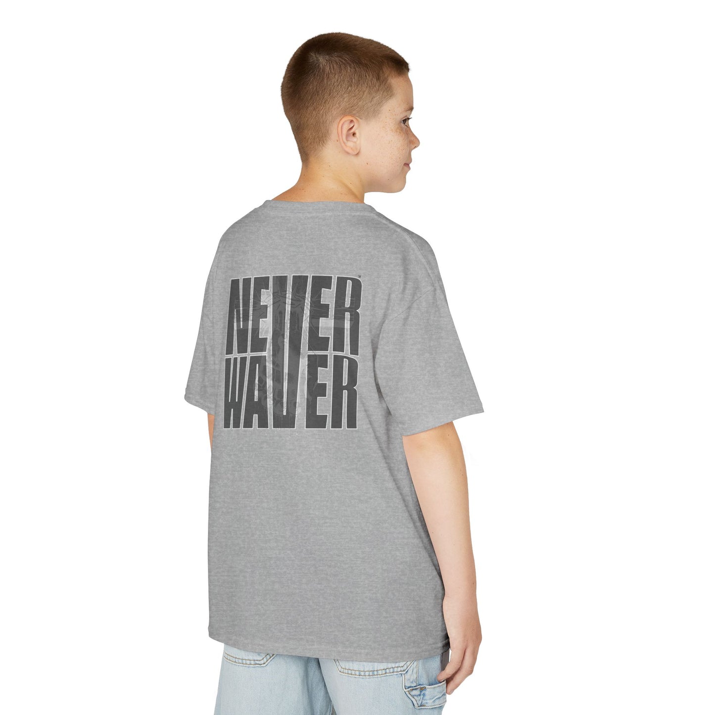 Kids Tee Never Waver” Jesus t-shirt might feature a bold, eye-catching design that reflects a steadfast faith and confidence in Christ.  - Never Waver