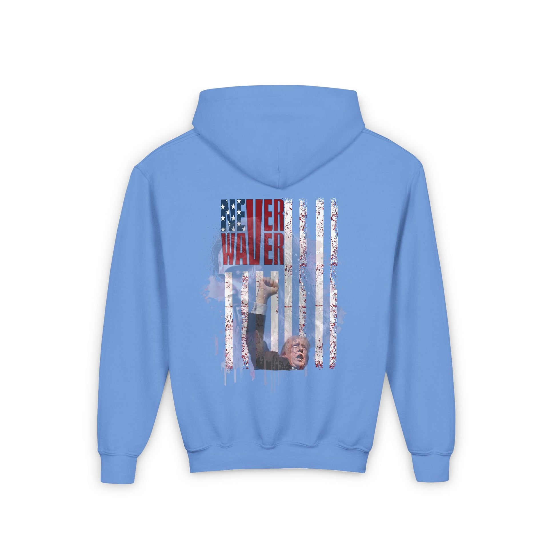Never Waver Trump Fist Pump W Jesus Protection Vintage-Inspired Youth Hoodie with American Flag Design - Never Waver