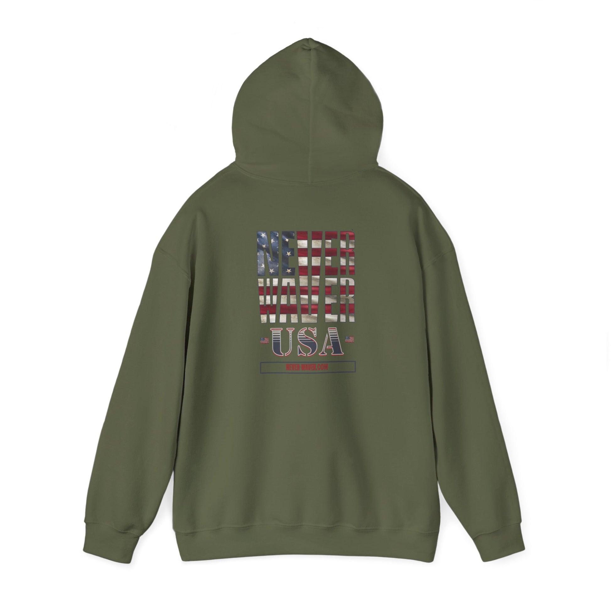 Unisex Heavy Blend™ Hooded Sweatshirt - 'Never Waver' USA Flag Design - Never Waver