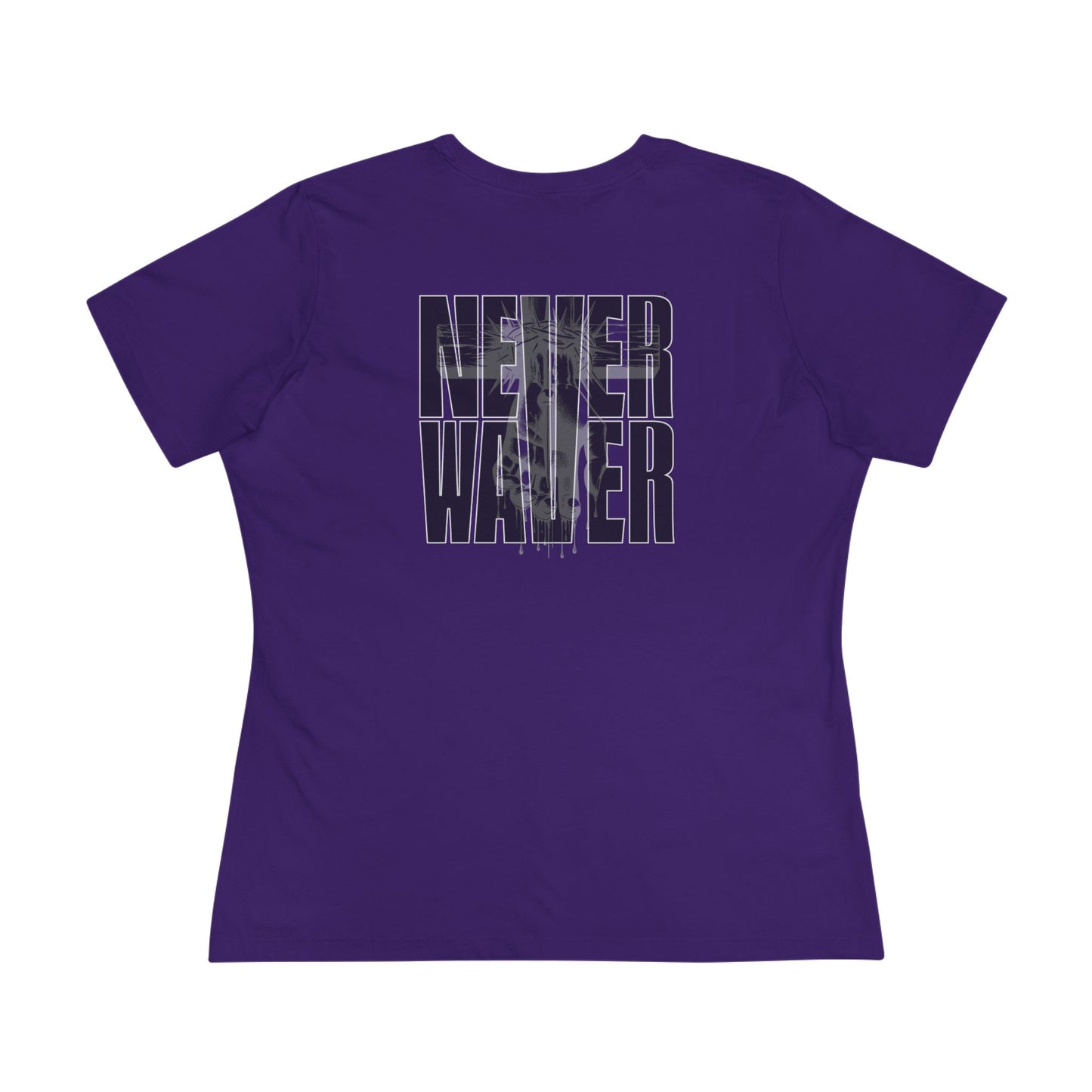 Never Waver” Jesus t-shirt might feature a bold, eye-catching design that reflects a steadfast faith and confidence in Christ.  Women's Cotton Tee - Never Waver