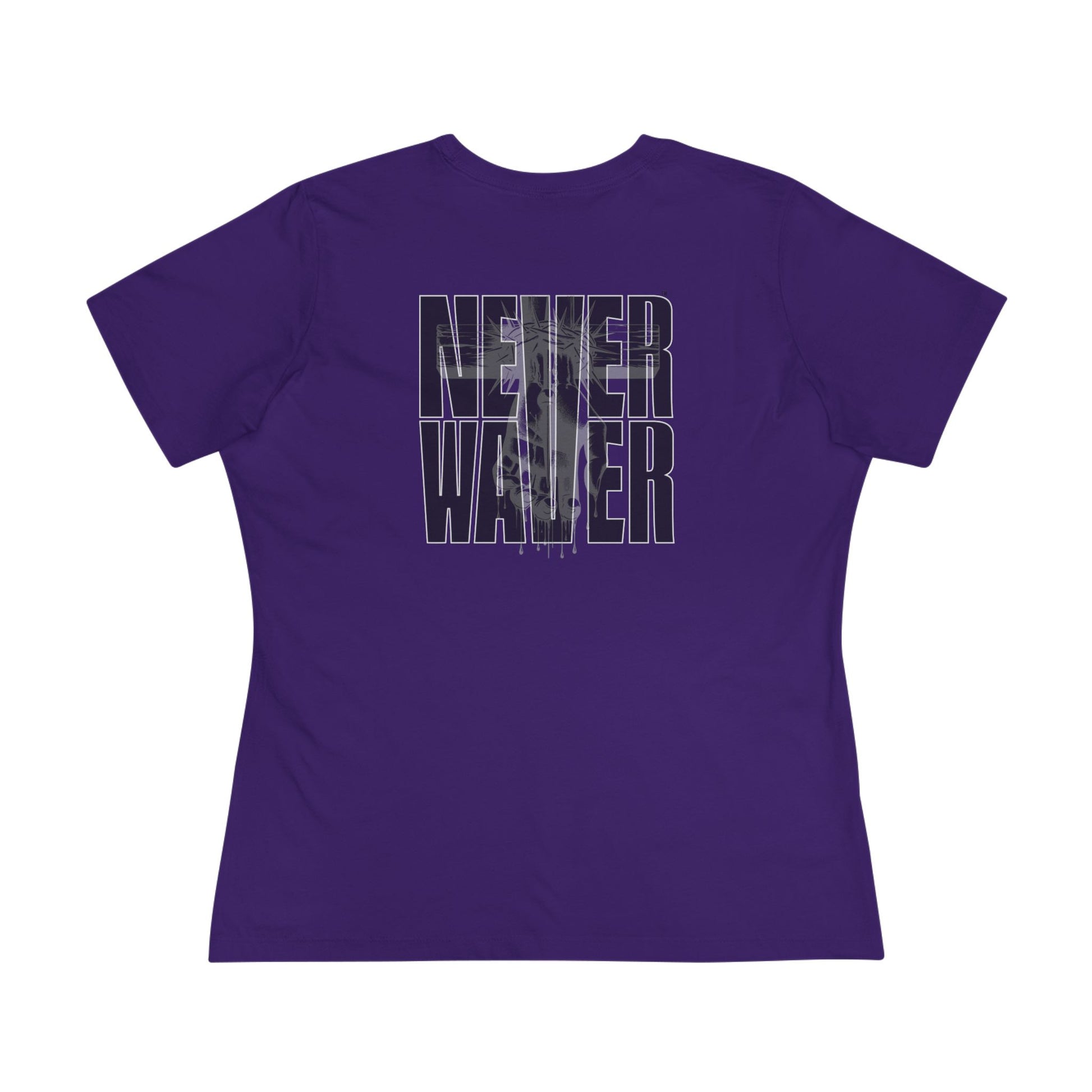 Never Waver” Jesus t-shirt might feature a bold, eye-catching design that reflects a steadfast faith and confidence in Christ.  Women's Cotton Tee - Never Waver