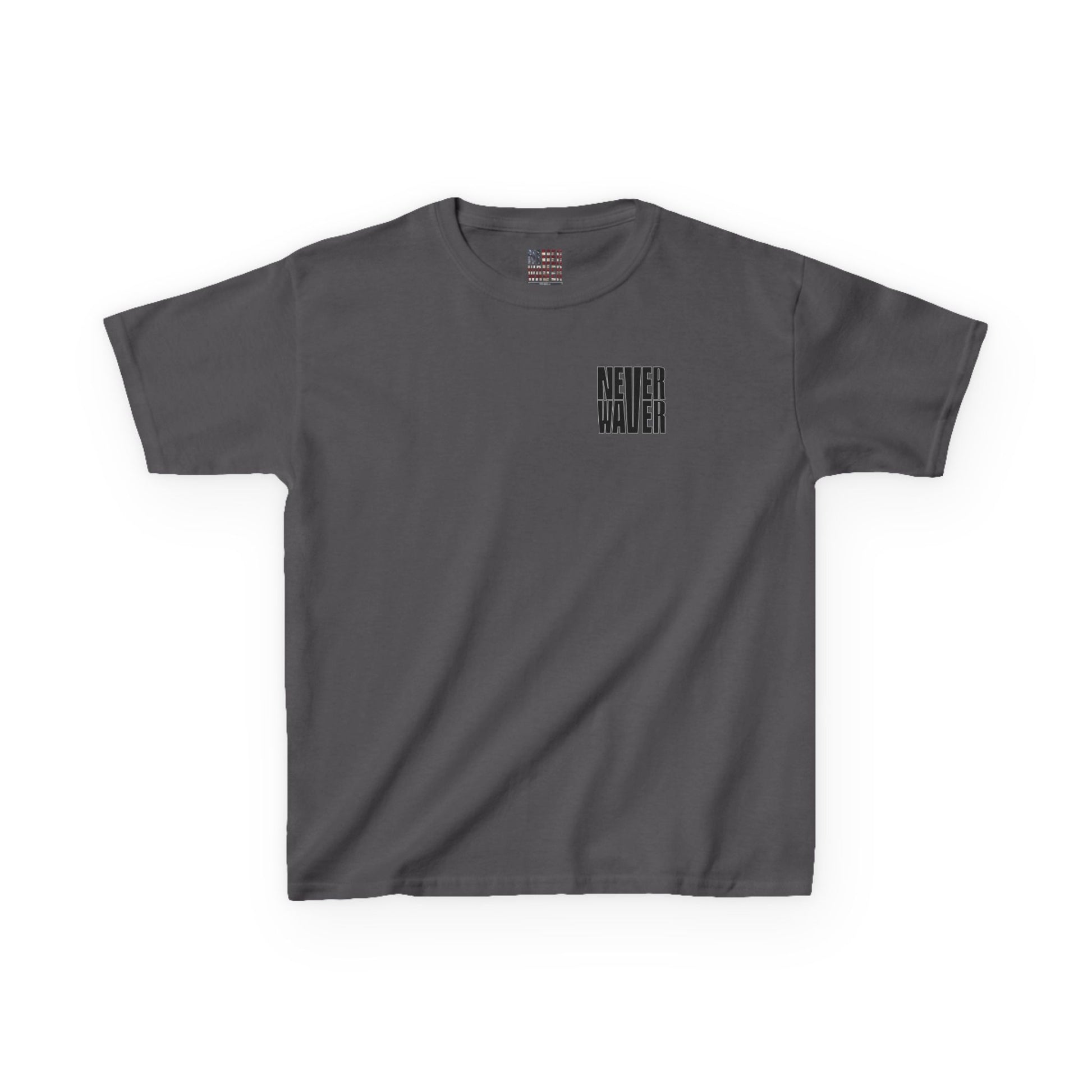 Kids Tee Never Waver” Jesus t-shirt might feature a bold, eye-catching design that reflects a steadfast faith and confidence in Christ.  - Never Waver