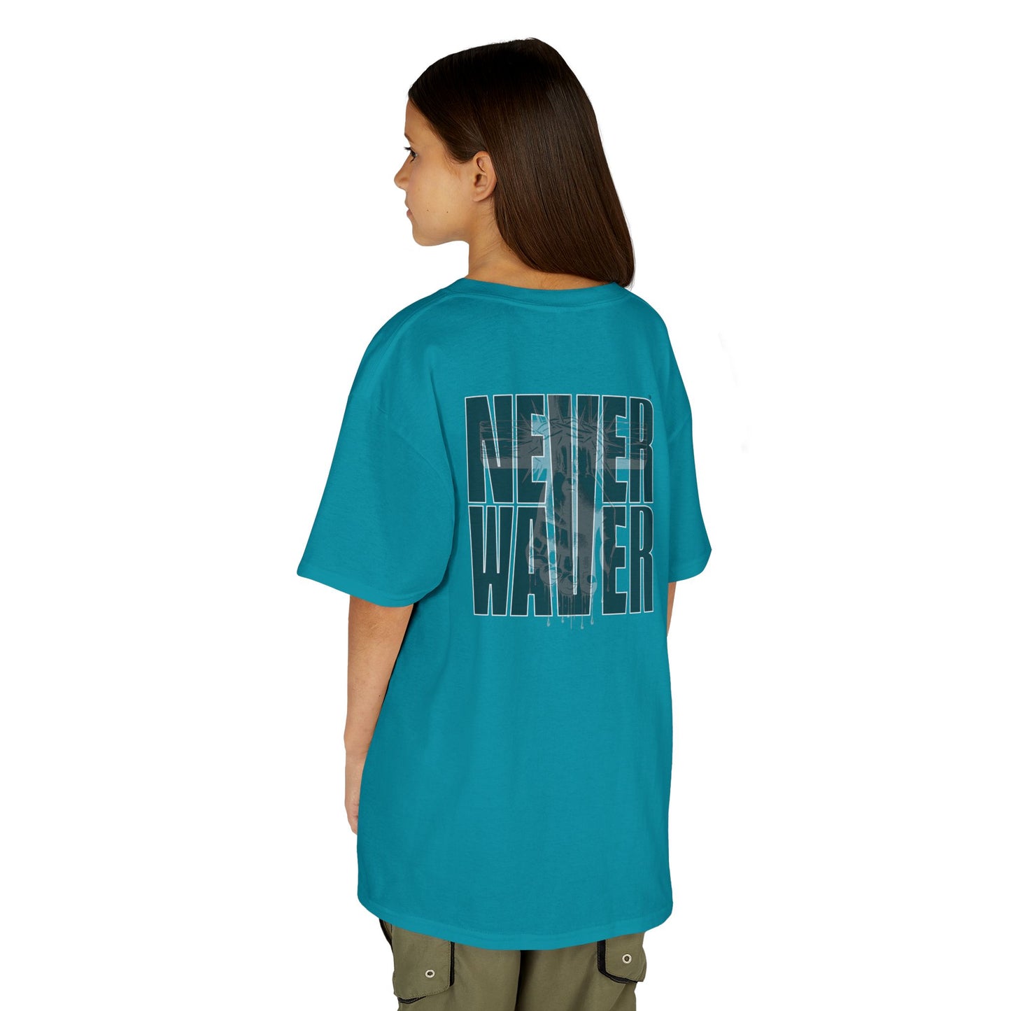 Kids Tee Never Waver” Jesus t-shirt might feature a bold, eye-catching design that reflects a steadfast faith and confidence in Christ.  - Never Waver