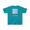 Kids Golf Tee -Never Waver” Jesus a bold, eye-catching design that reflects a steadfast faith and confidence in Christ. - Never Waver