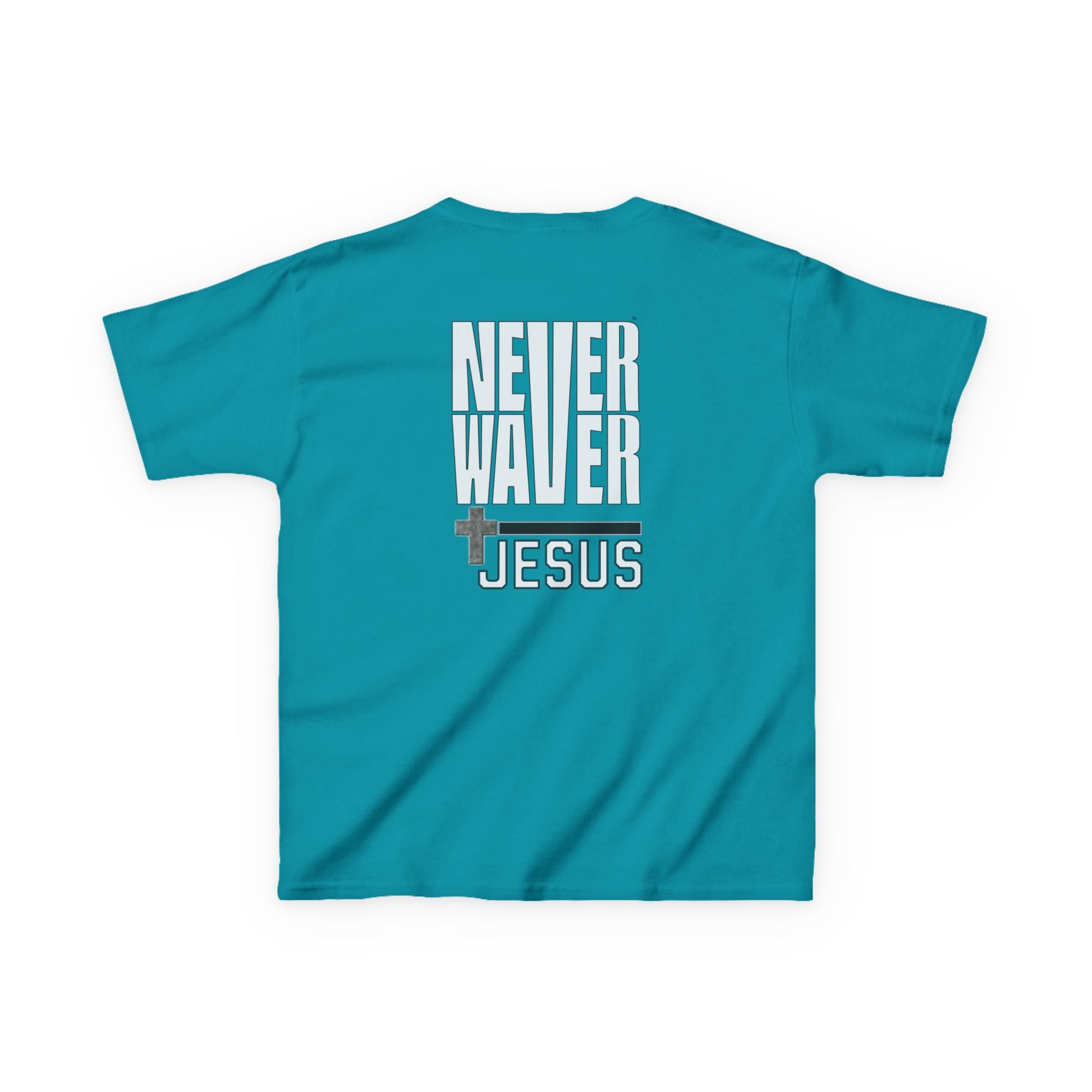 Kids Golf Tee -Never Waver” Jesus a bold, eye-catching design that reflects a steadfast faith and confidence in Christ. - Never Waver