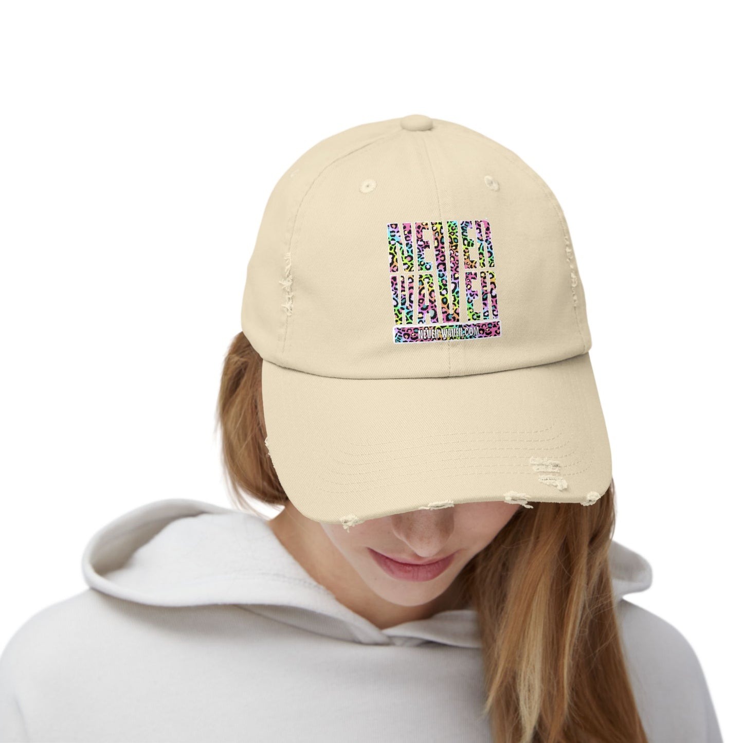 Unisex Distressed Cap - 'NEVER WAVER' Inspirational Hat for Everyday Wear Multi Color Leopard