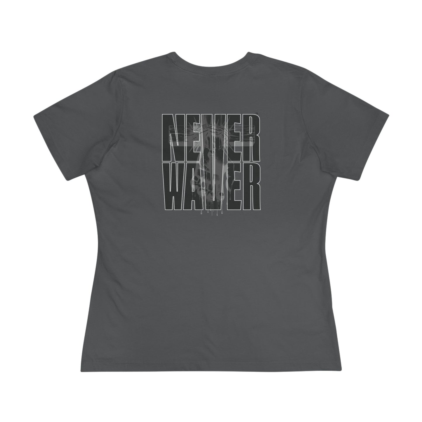 Never Waver” Jesus t-shirt might feature a bold, eye-catching design that reflects a steadfast faith and confidence in Christ.  Women's Cotton Tee - Never Waver