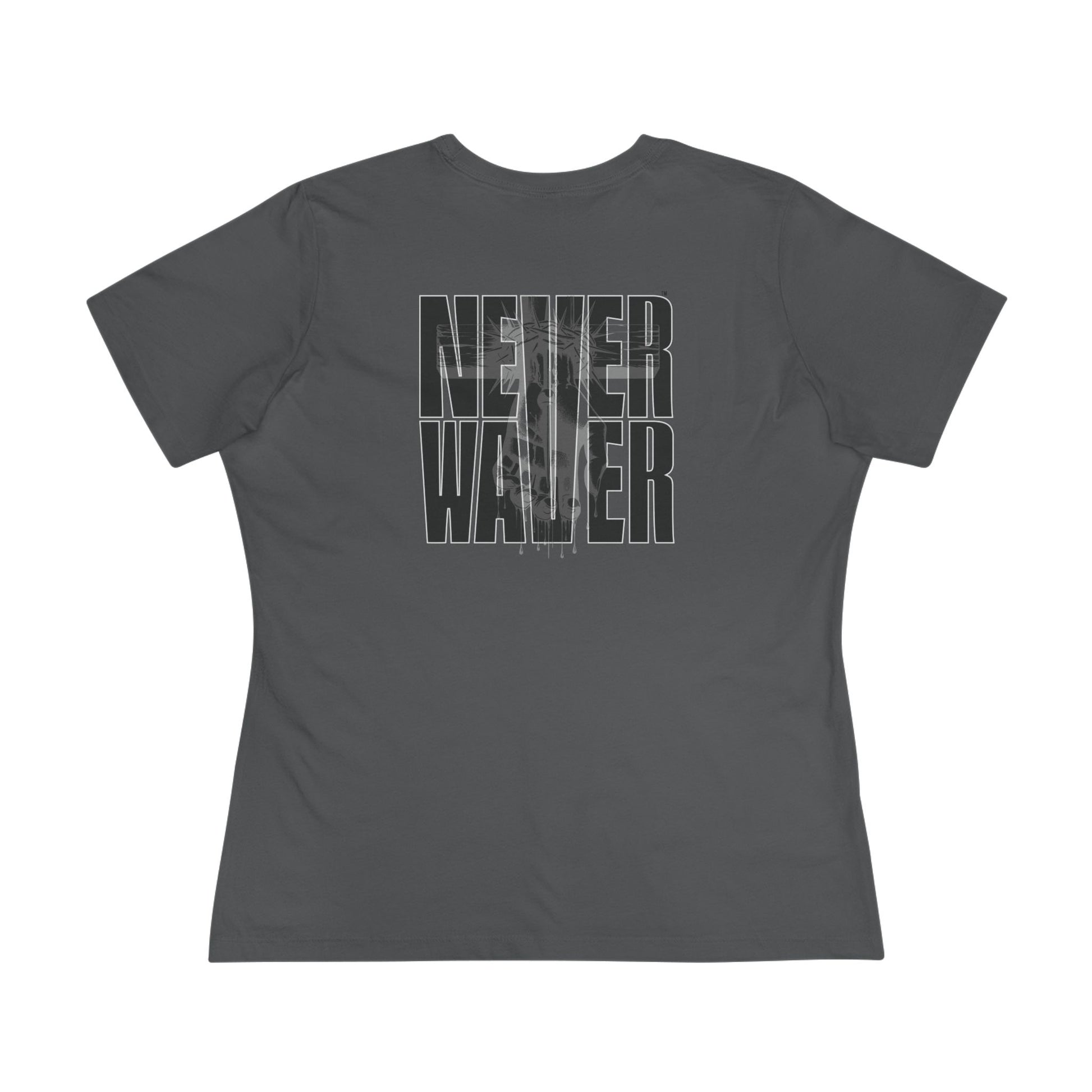 Never Waver” Jesus t-shirt might feature a bold, eye-catching design that reflects a steadfast faith and confidence in Christ.  Women's Cotton Tee - Never Waver