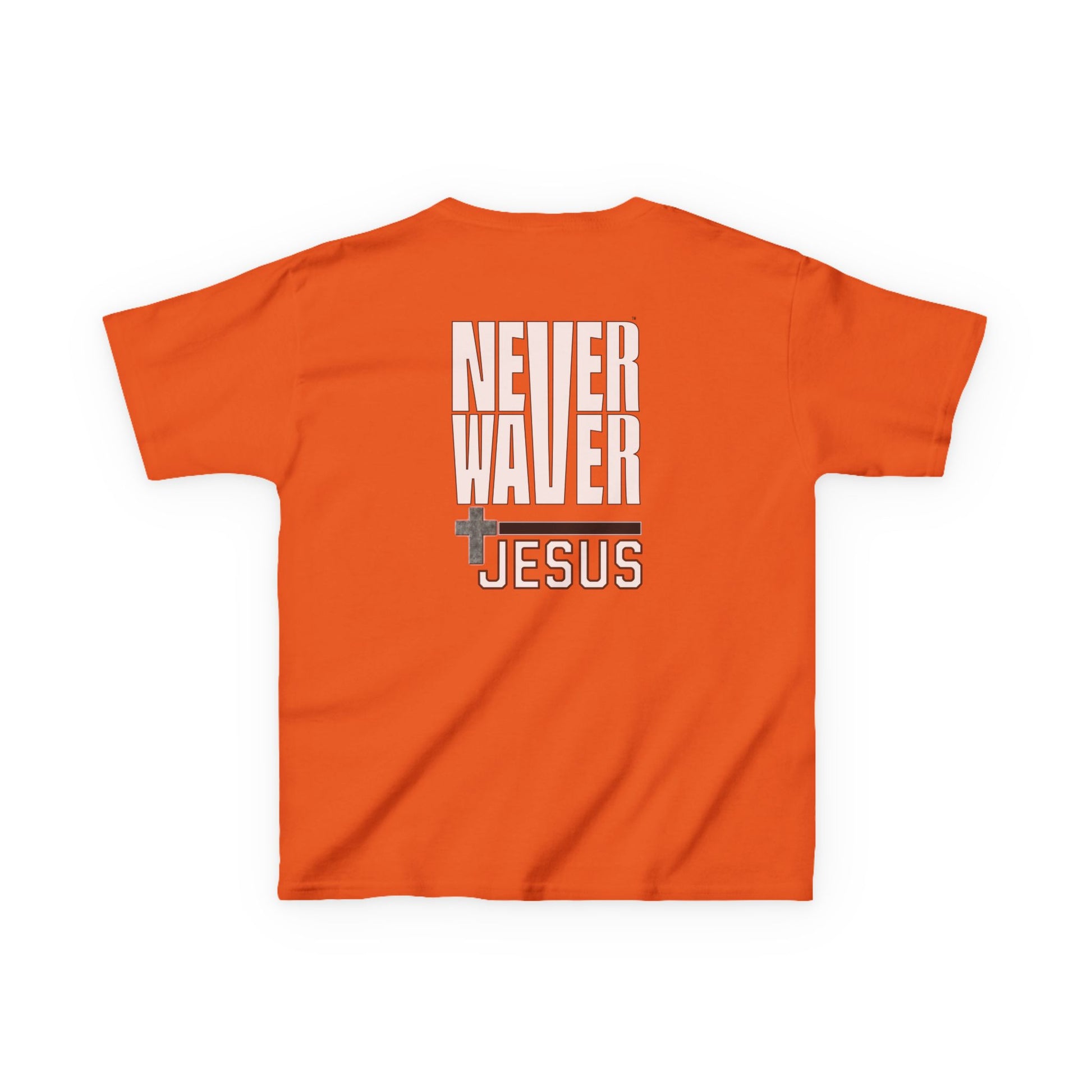 Kids Golf Tee -Never Waver” Jesus a bold, eye-catching design that reflects a steadfast faith and confidence in Christ. - Never Waver