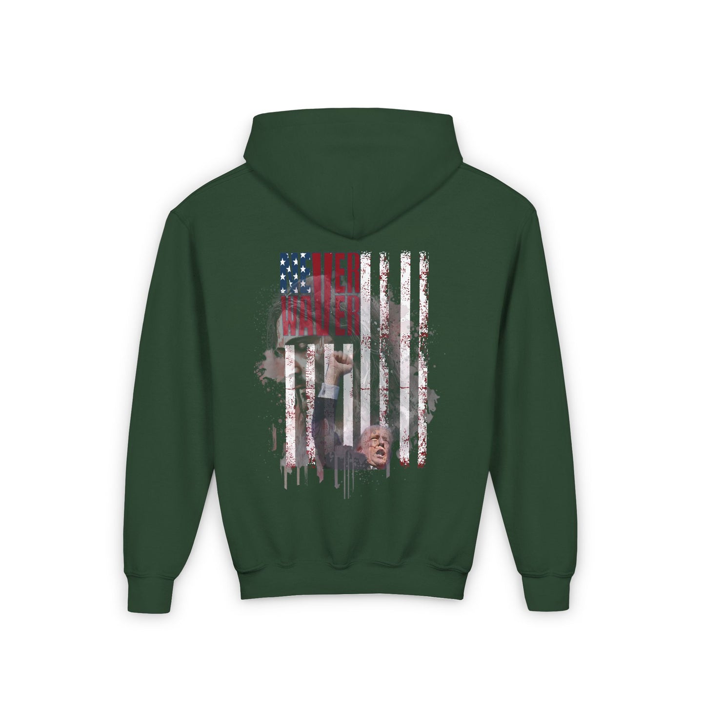 Never Waver Trump Fist Pump W Jesus Protection Vintage-Inspired Youth Hoodie with American Flag Design - Never Waver