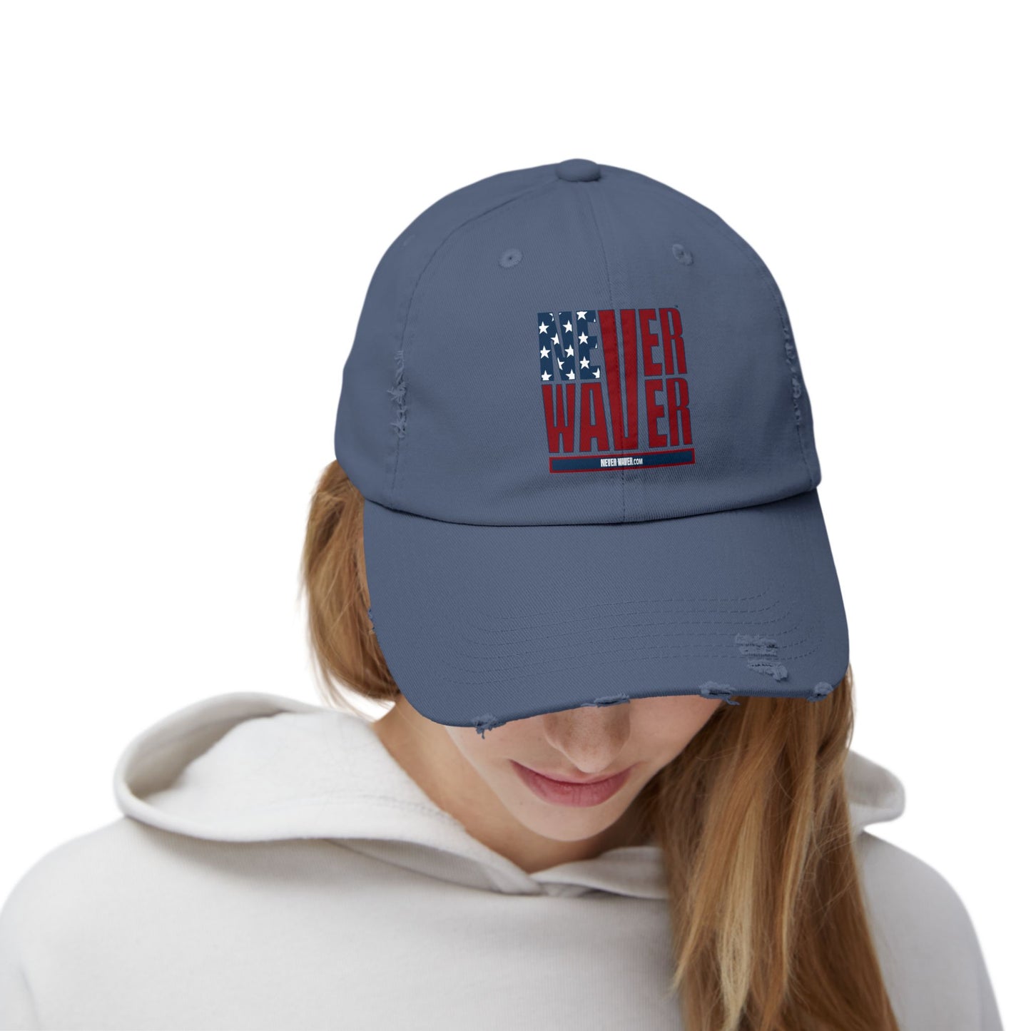 Unisex Distressed Cap - 'Never Waver' Casual Hat for Everyday Style Patriotic