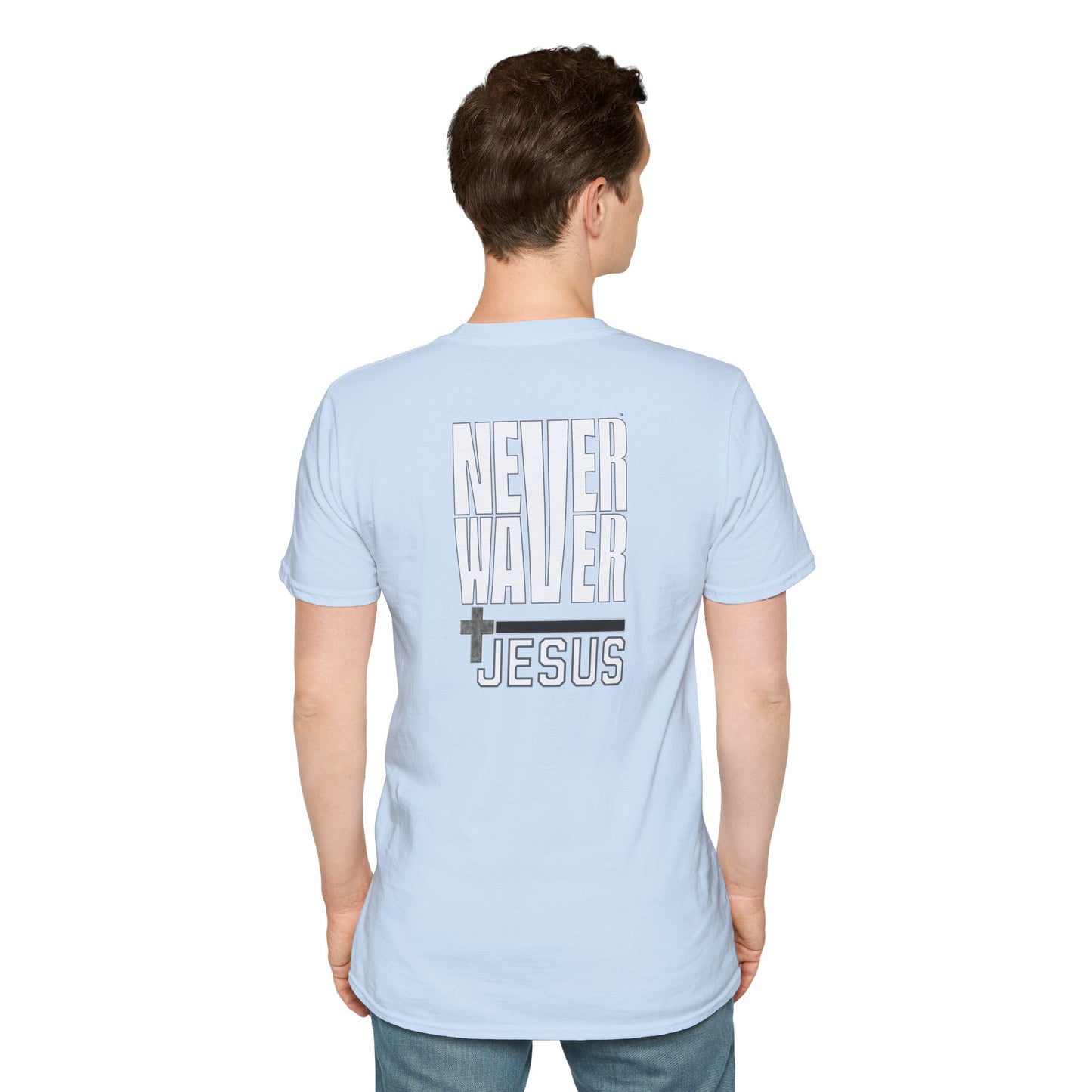 Never Waver” Jesus a bold, eye-catching design that reflects a steadfast faith and confidence in Christ.  Unisex Soft style T-Shirt