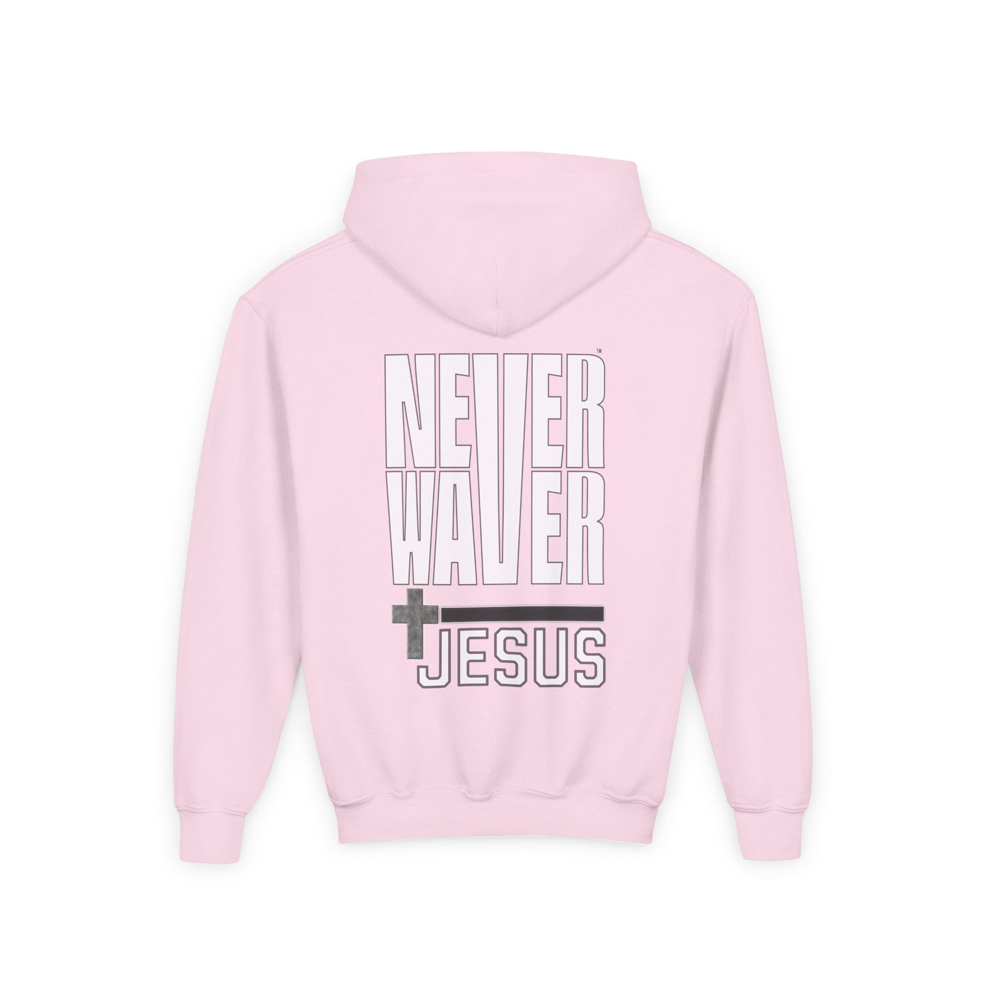 Youth Jesus Hoodie - "Never Waver” Jesus bold, eye-catching design that reflects a steadfast faith and confidence in Christ. " Sweatshirt for Young Jesus Lovers - Never Waver