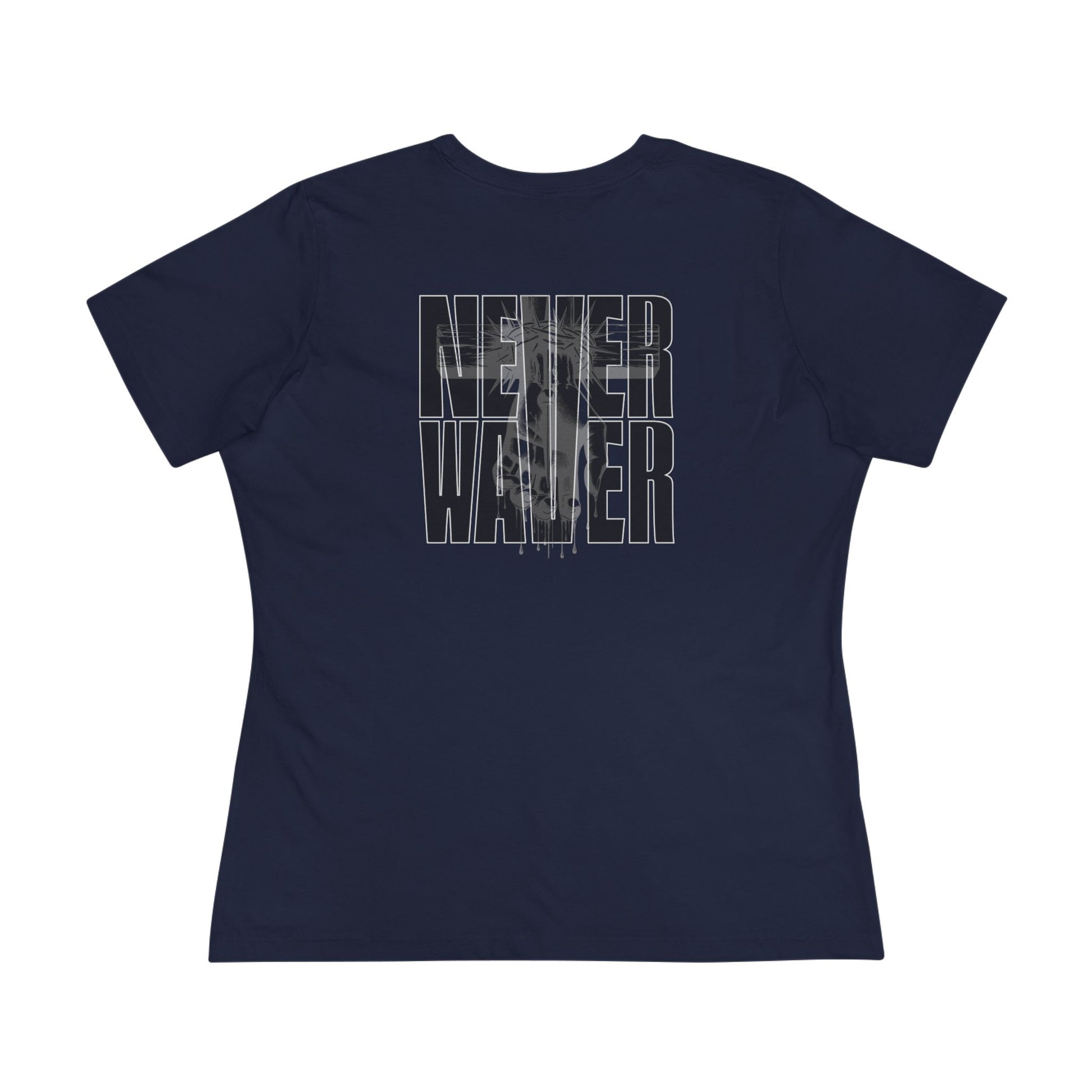 Never Waver” Jesus t-shirt might feature a bold, eye-catching design that reflects a steadfast faith and confidence in Christ.  Women's Cotton Tee - Never Waver