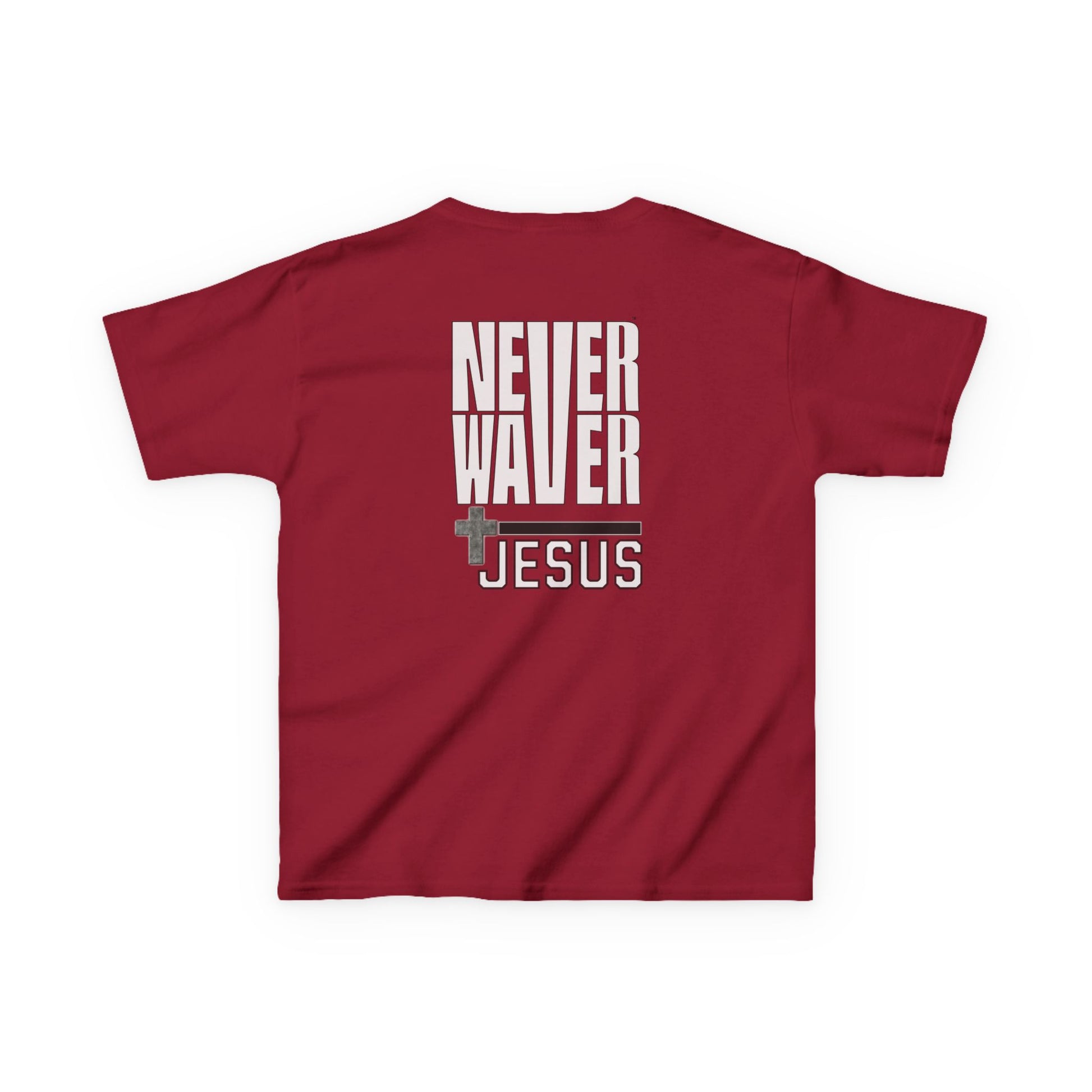 Kids Golf Tee -Never Waver” Jesus a bold, eye-catching design that reflects a steadfast faith and confidence in Christ. - Never Waver
