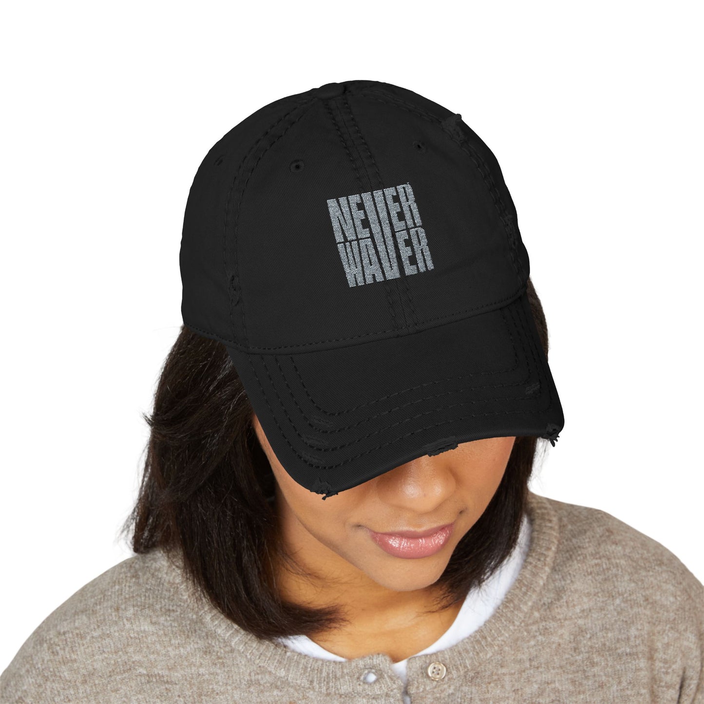 Distressed Dad Hat with 'Never Waver' Embroidery - Casual Style for Everyday Adventures