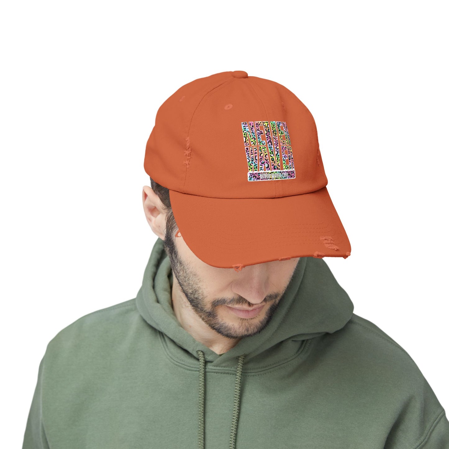 Unisex Distressed Cap - 'NEVER WAVER' Inspirational Hat for Everyday Wear Multi Color Leopard