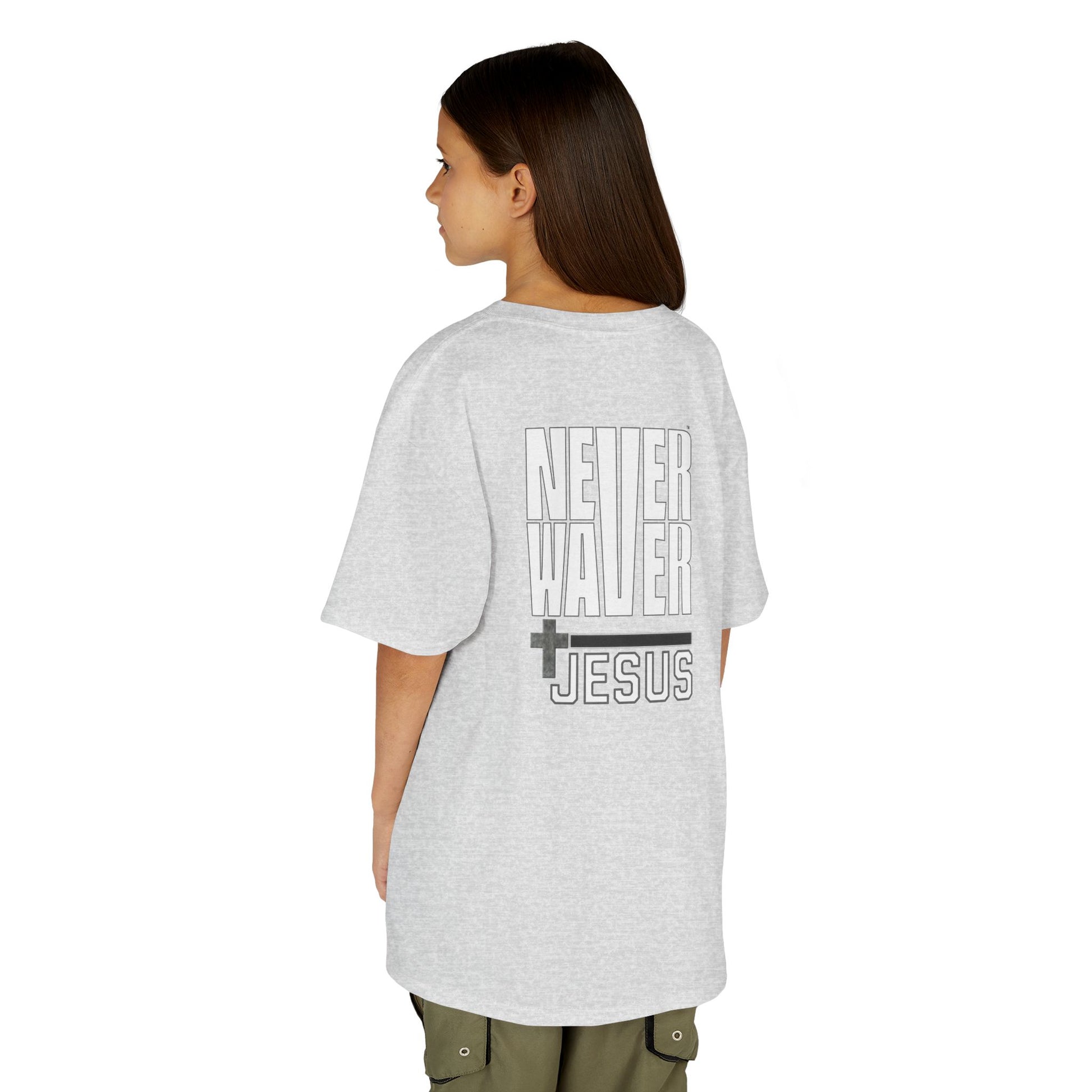 Kids Golf Tee -Never Waver” Jesus a bold, eye-catching design that reflects a steadfast faith and confidence in Christ. - Never Waver