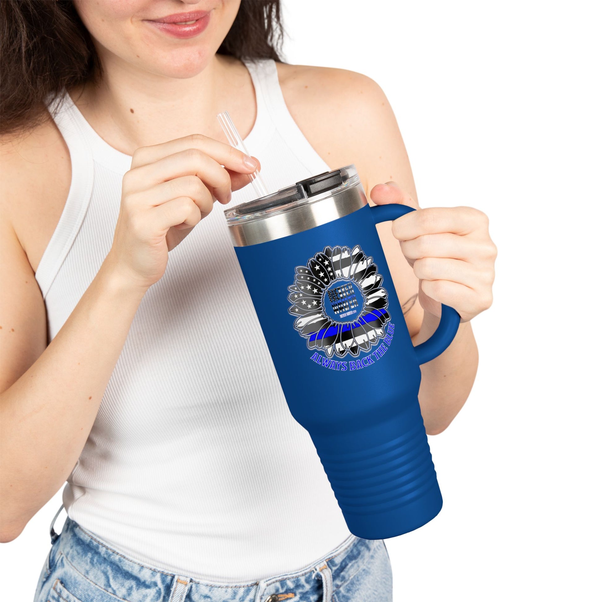 True Americans Never Waver They Always Back The Blue   Insulated Travel Mug, 40oz - Never Waver
